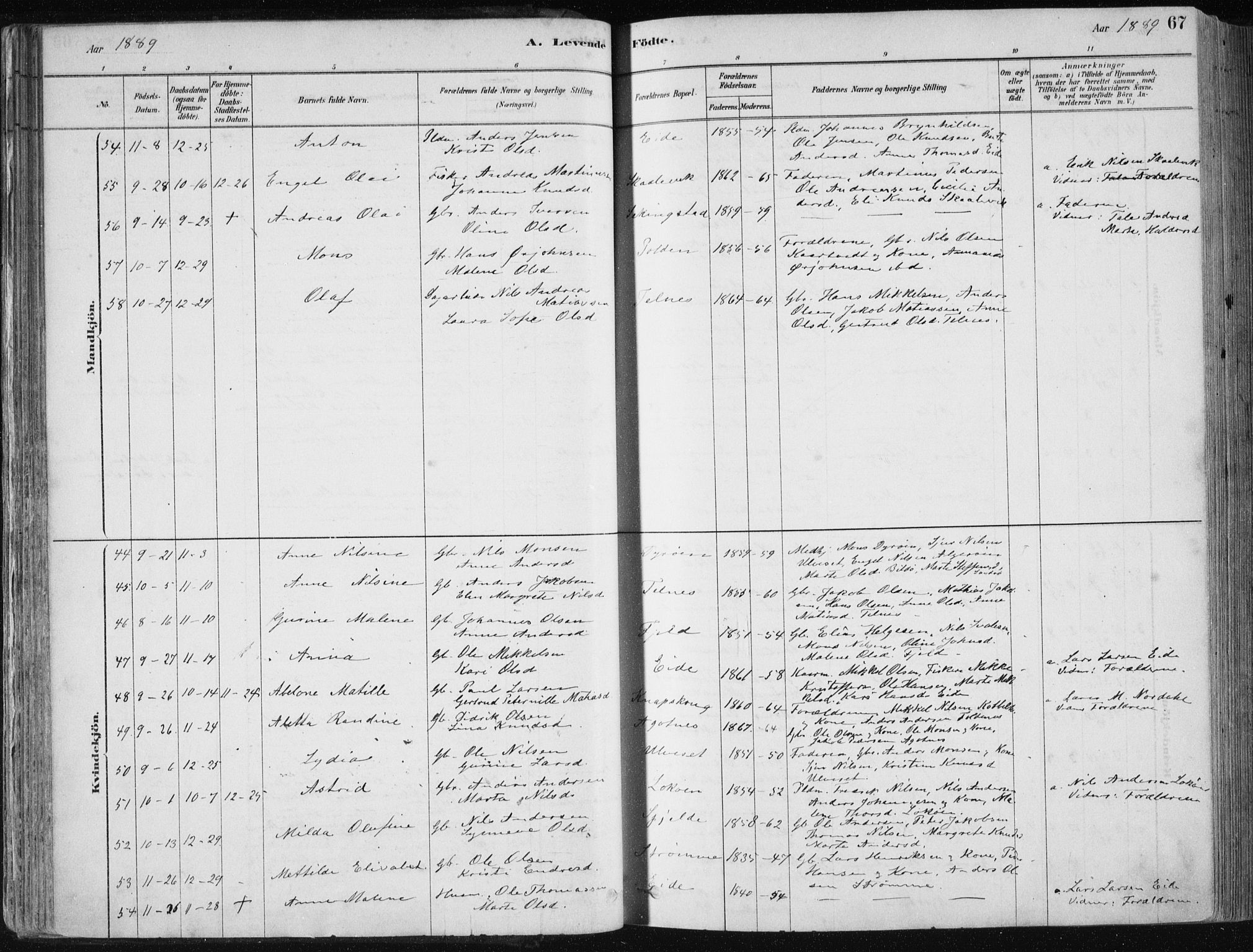 Fjell sokneprestembete, SAB/A-75301/H/Haa: Parish register (official) no. A  8, 1878-1898, p. 67