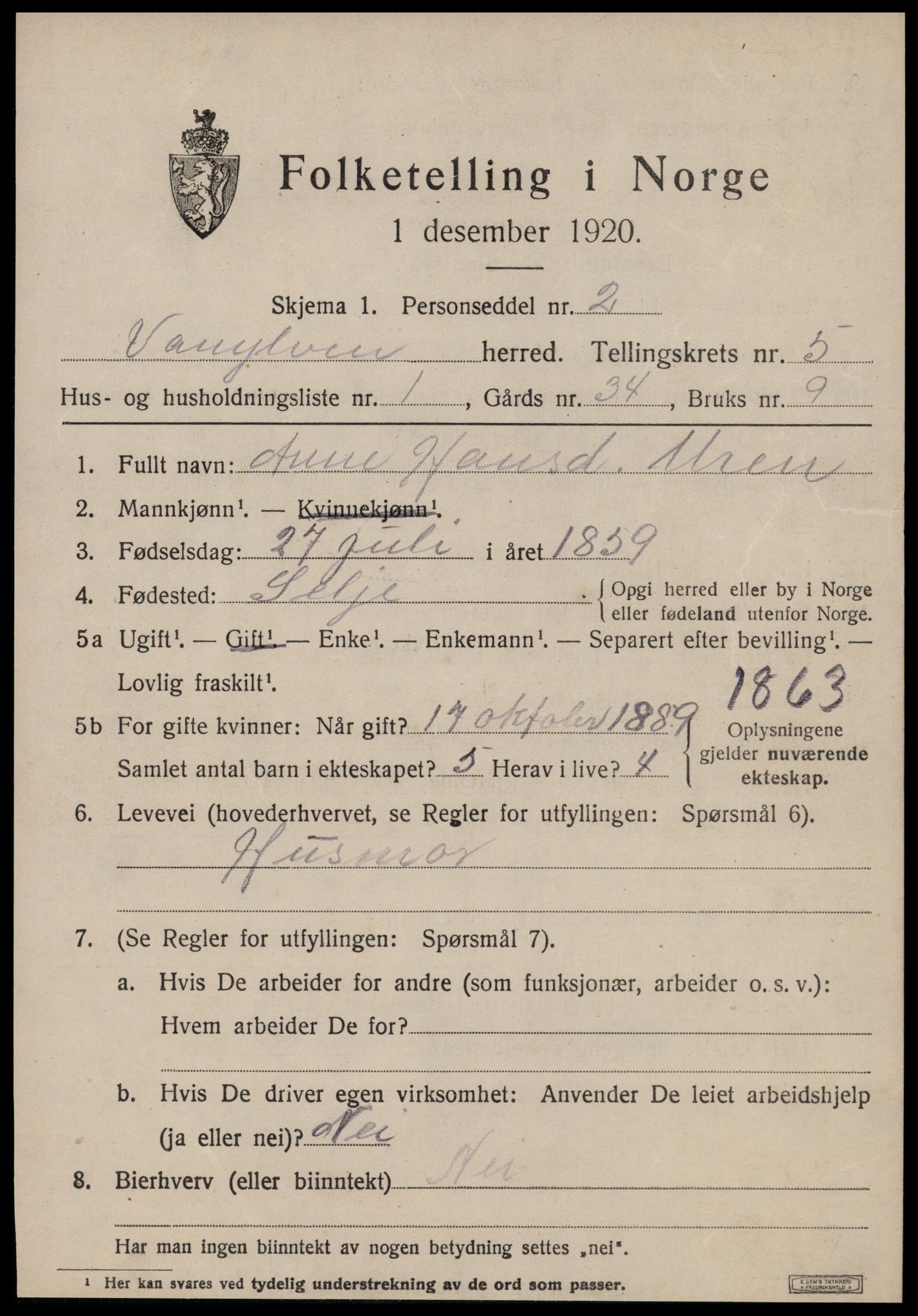 SAT, 1920 census for Vanylven, 1920, p. 2815