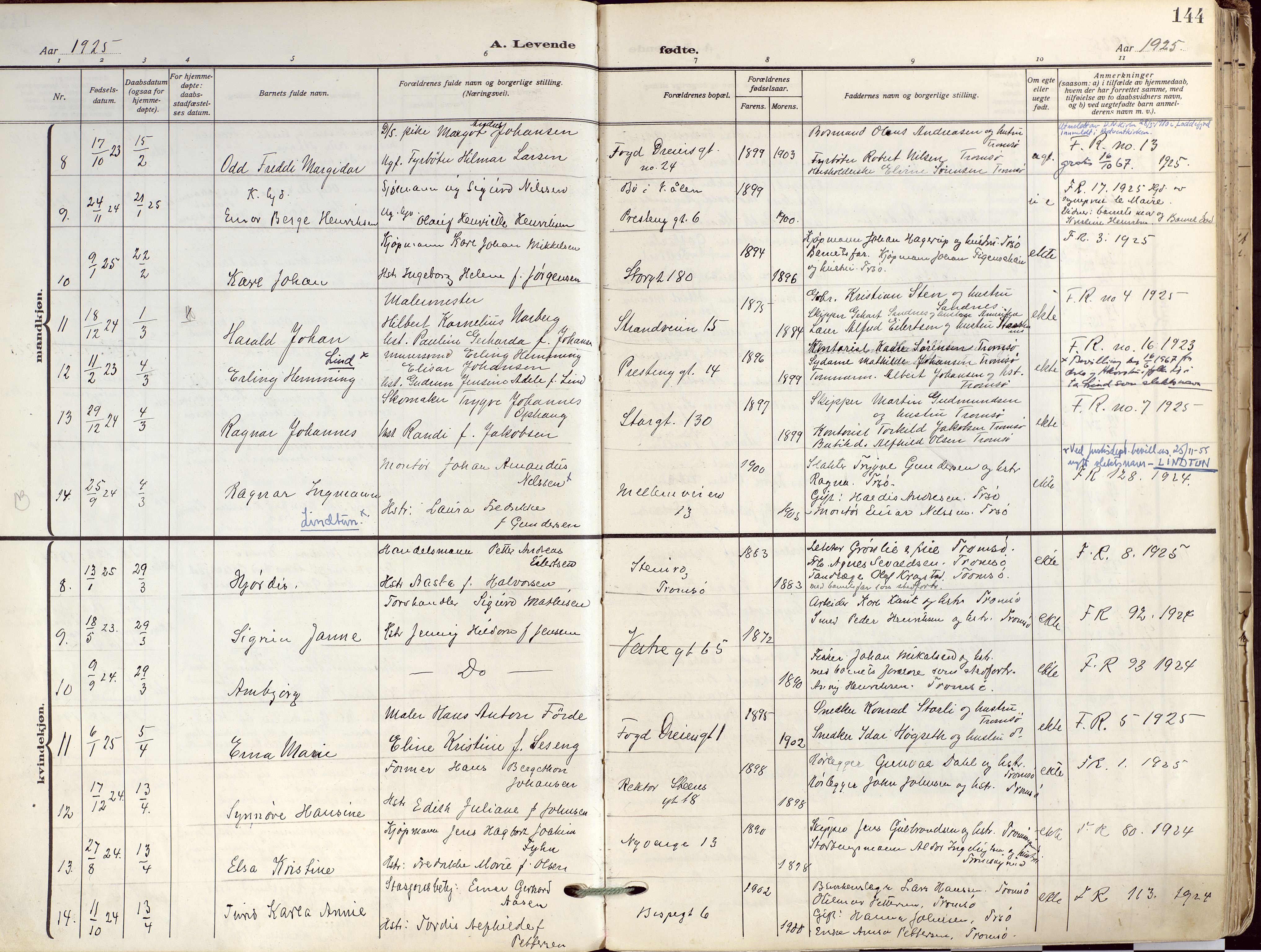 Tromsø sokneprestkontor/stiftsprosti/domprosti, AV/SATØ-S-1343/G/Ga/L0019kirke: Parish register (official) no. 19, 1917-1927, p. 144