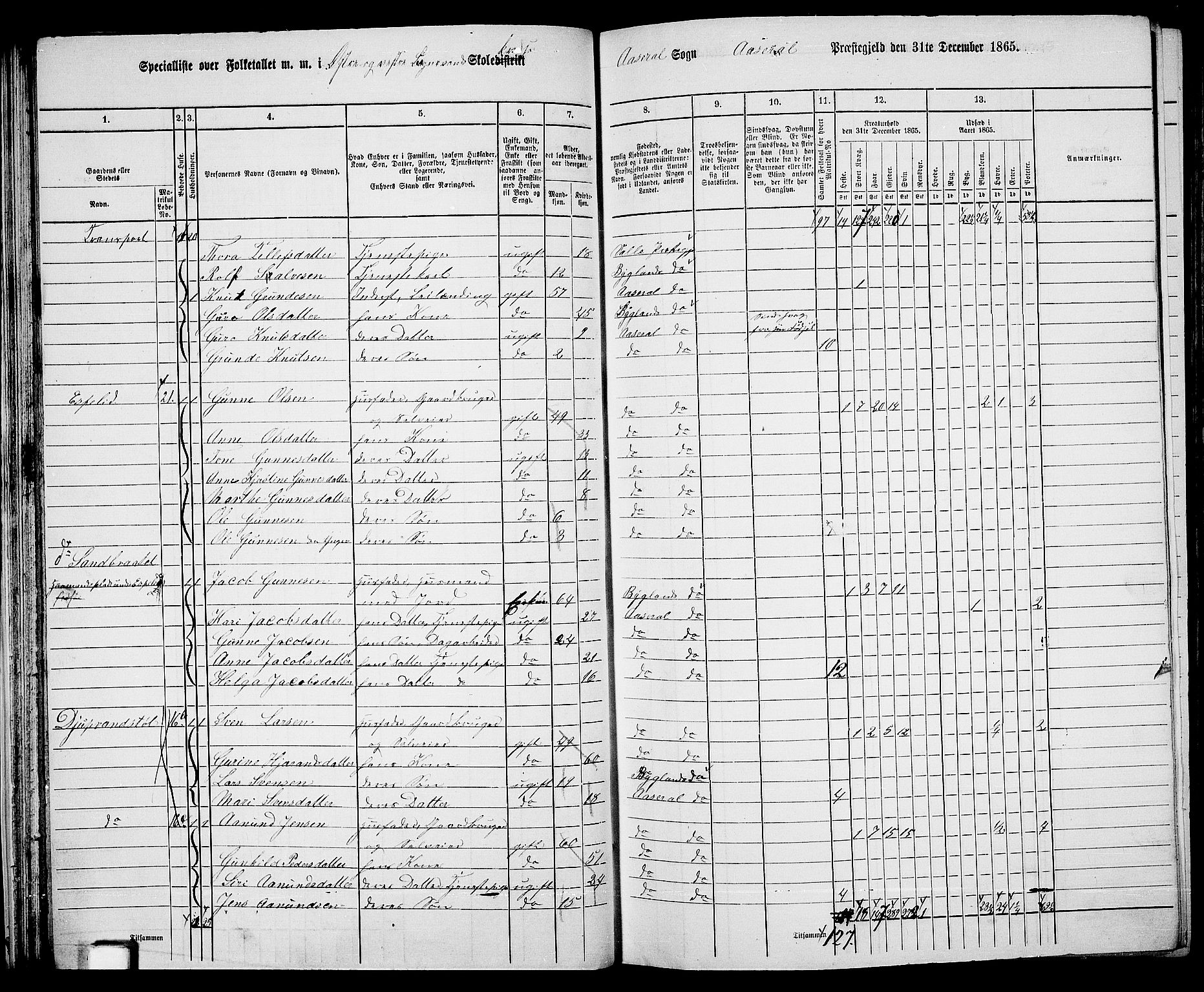 RA, 1865 census for Åseral, 1865, p. 39