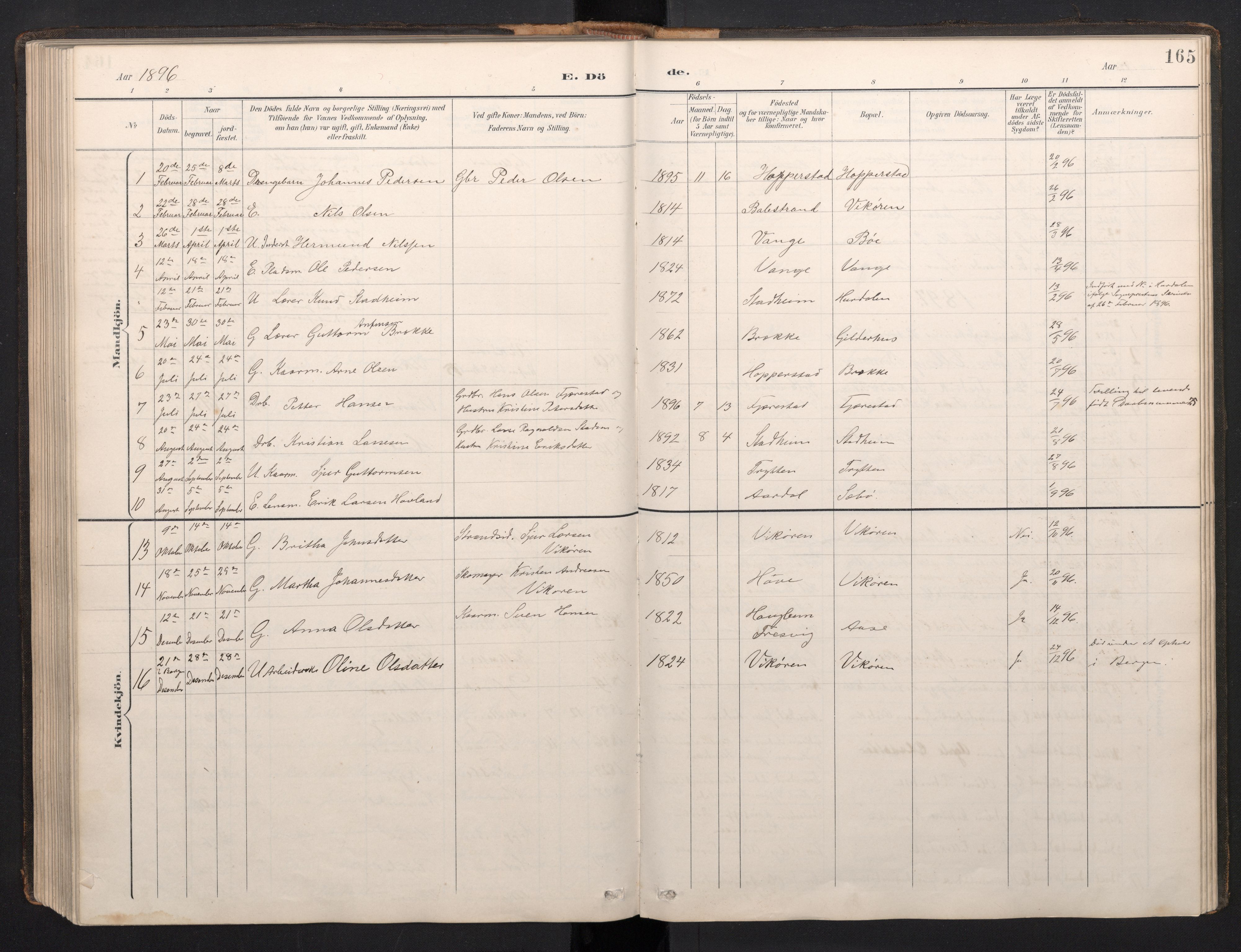 Vik sokneprestembete, AV/SAB-A-81501/H/Hab/Haba/L0004: Parish register (copy) no. A 4, 1895-1914, p. 164b-165a