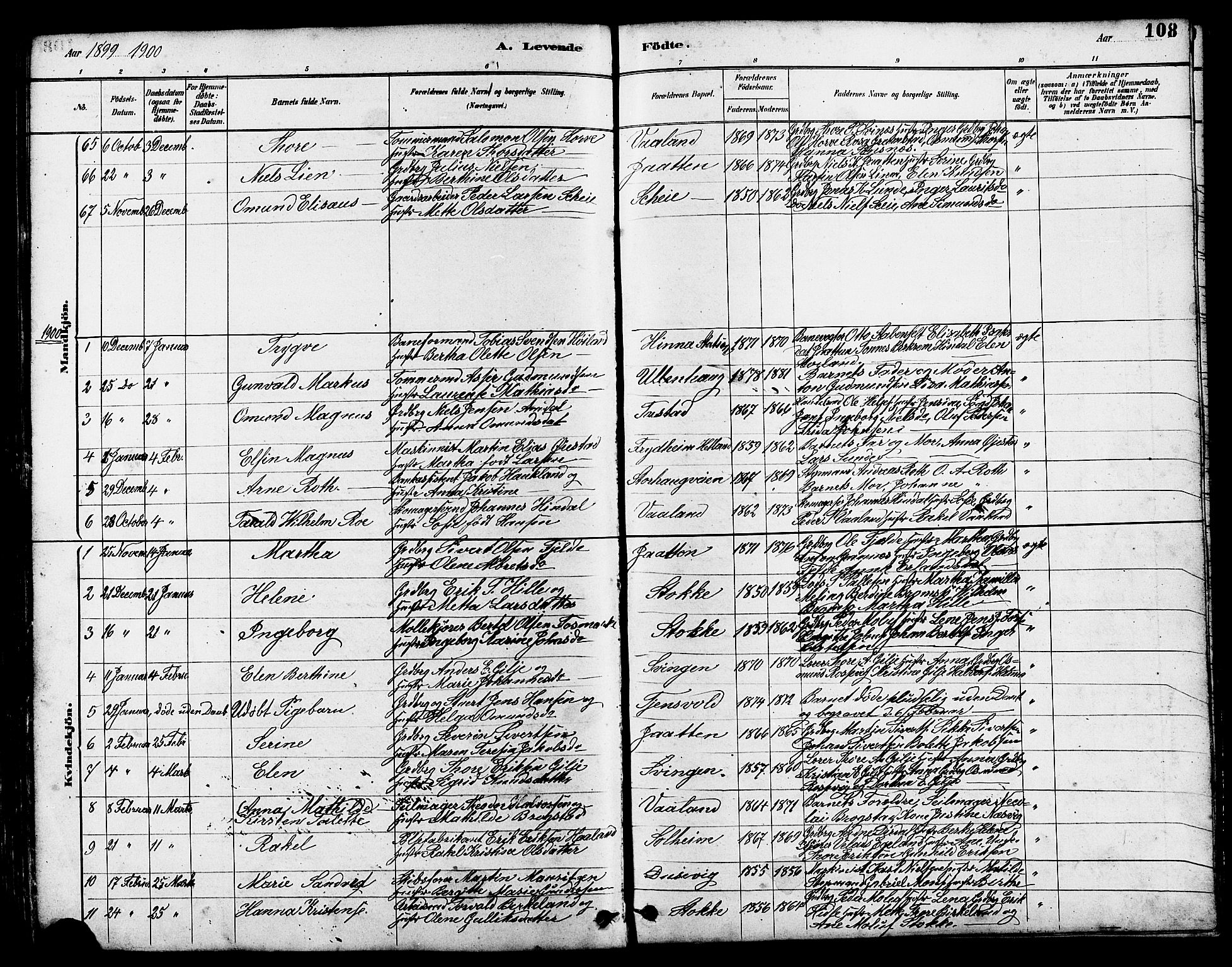 Hetland sokneprestkontor, SAST/A-101826/30/30BB/L0005: Parish register (copy) no. B 5, 1878-1910, p. 108