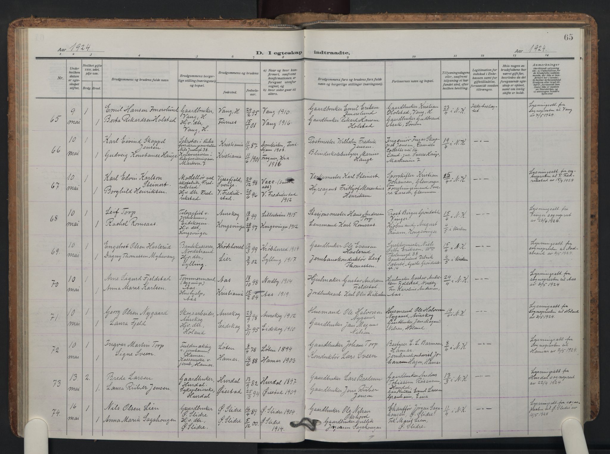 Oslo domkirke Kirkebøker, AV/SAO-A-10752/F/Fa/L0040: Parish register (official) no. 40, 1921-1932, p. 65