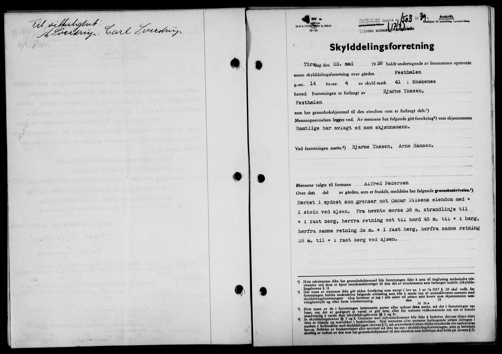 Lofoten sorenskriveri, SAT/A-0017/1/2/2C/L0006a: Mortgage book no. 6a, 1939-1939, Diary no: : 1503/1939