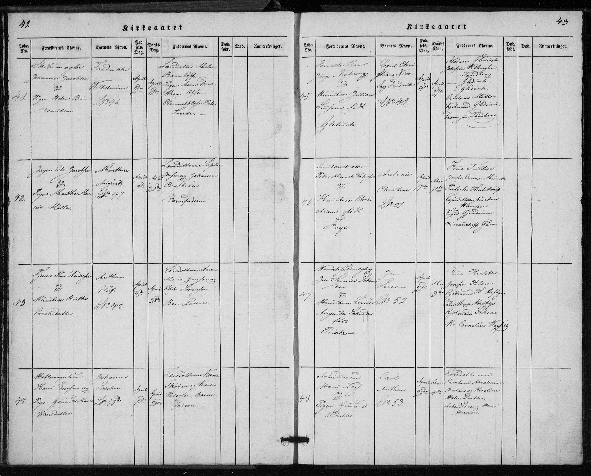 Rikshospitalet prestekontor Kirkebøker, AV/SAO-A-10309b/K/L0001/0001: Baptism register no. 1.1, 1834-1842, p. 42-43