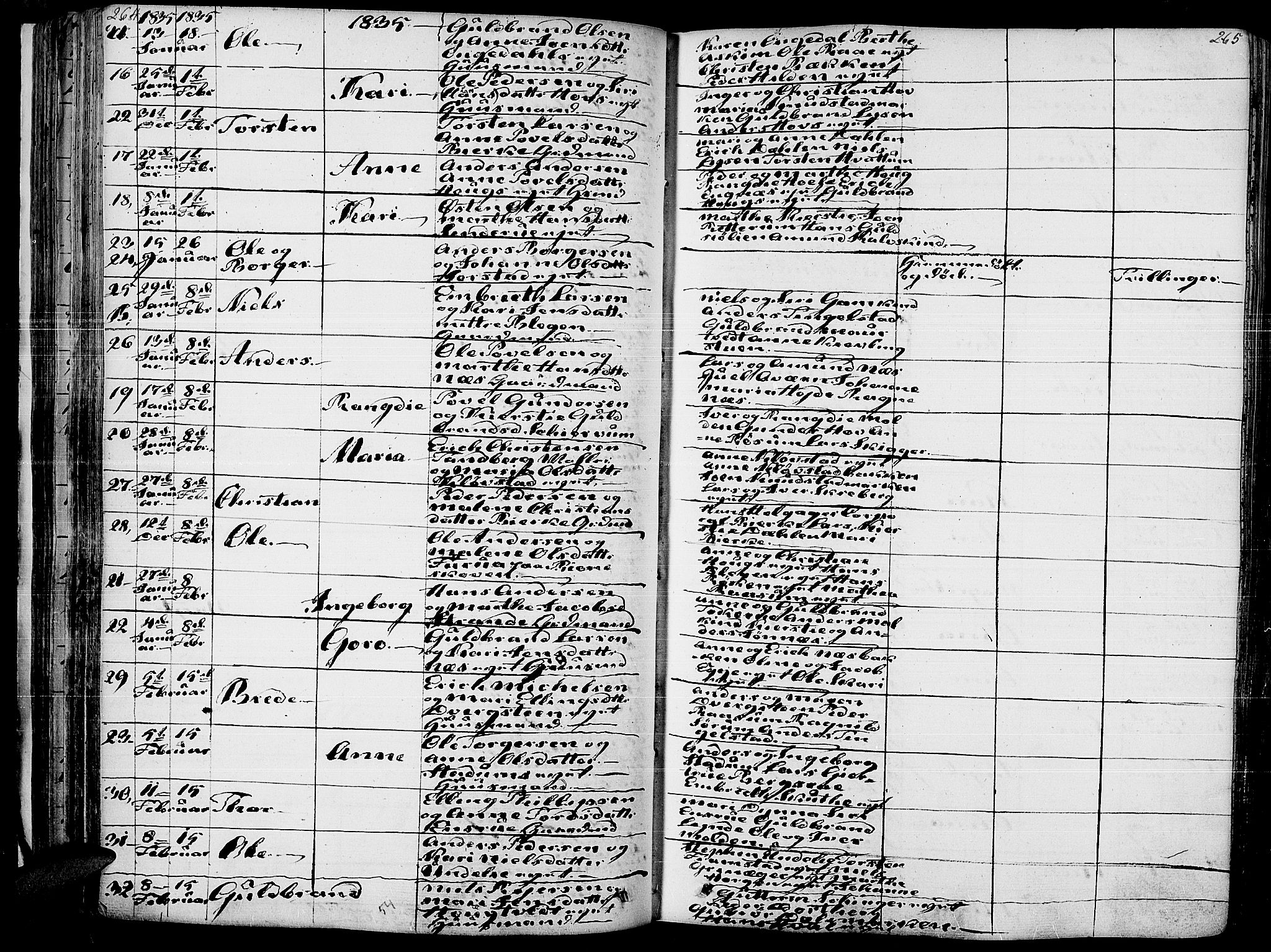 Gran prestekontor, AV/SAH-PREST-112/H/Ha/Haa/L0010: Parish register (official) no. 10, 1824-1842, p. 264-265