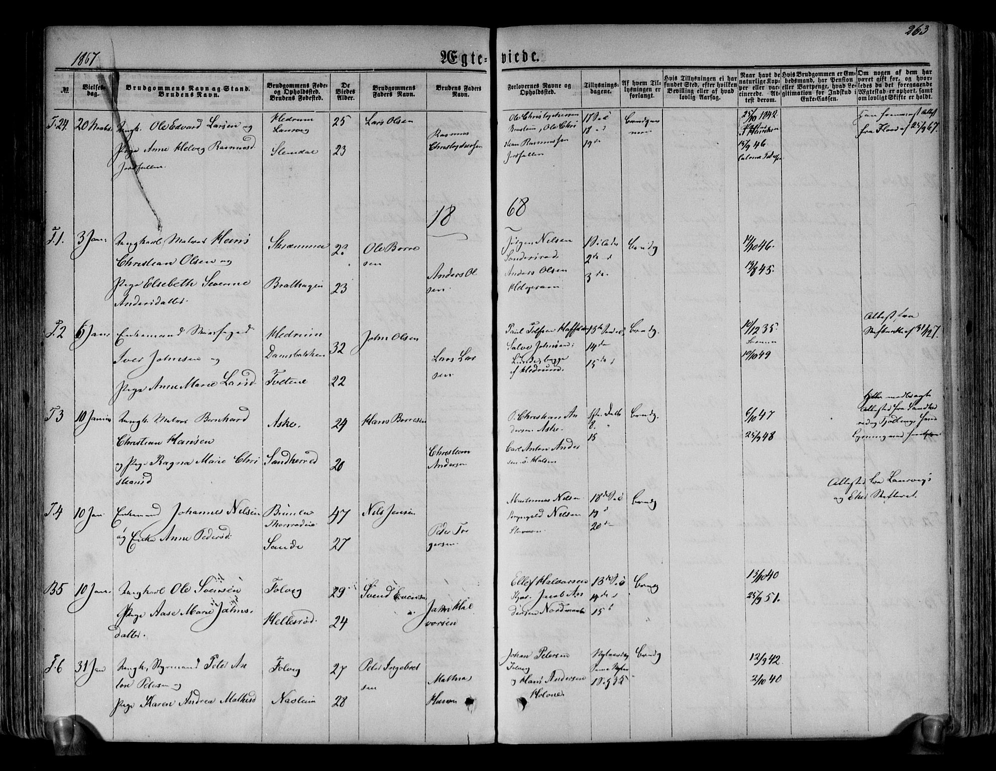 Brunlanes kirkebøker, AV/SAKO-A-342/F/Fa/L0005: Parish register (official) no. I 5, 1862-1877, p. 263