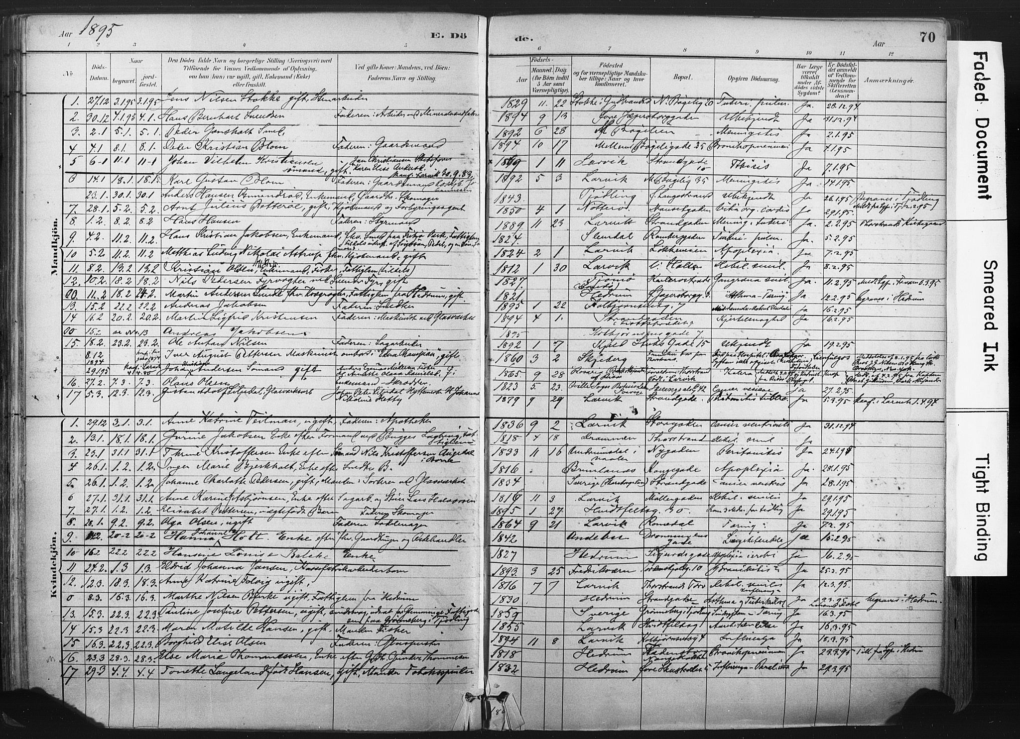 Larvik kirkebøker, SAKO/A-352/F/Fa/L0010: Parish register (official) no. I 10, 1884-1910, p. 70