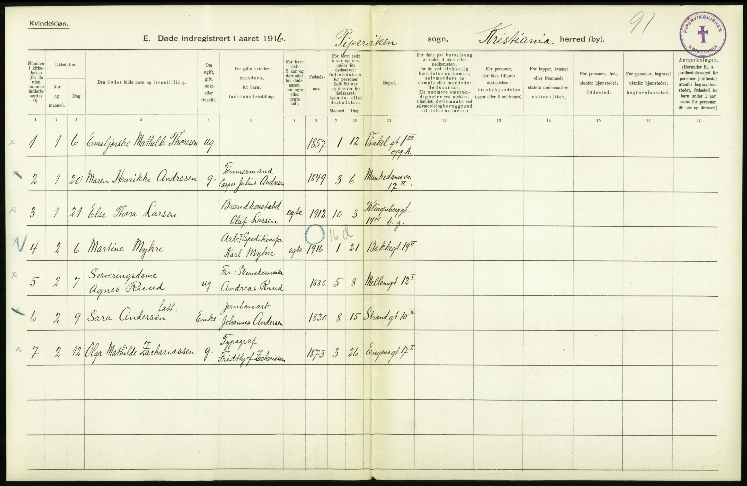 Statistisk sentralbyrå, Sosiodemografiske emner, Befolkning, AV/RA-S-2228/D/Df/Dfb/Dfbf/L0009: Kristiania: Døde., 1916, p. 502