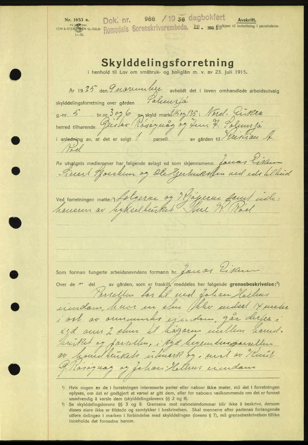 Romsdal sorenskriveri, AV/SAT-A-4149/1/2/2C: Mortgage book no. A1, 1936-1936, Diary no: : 988/1936