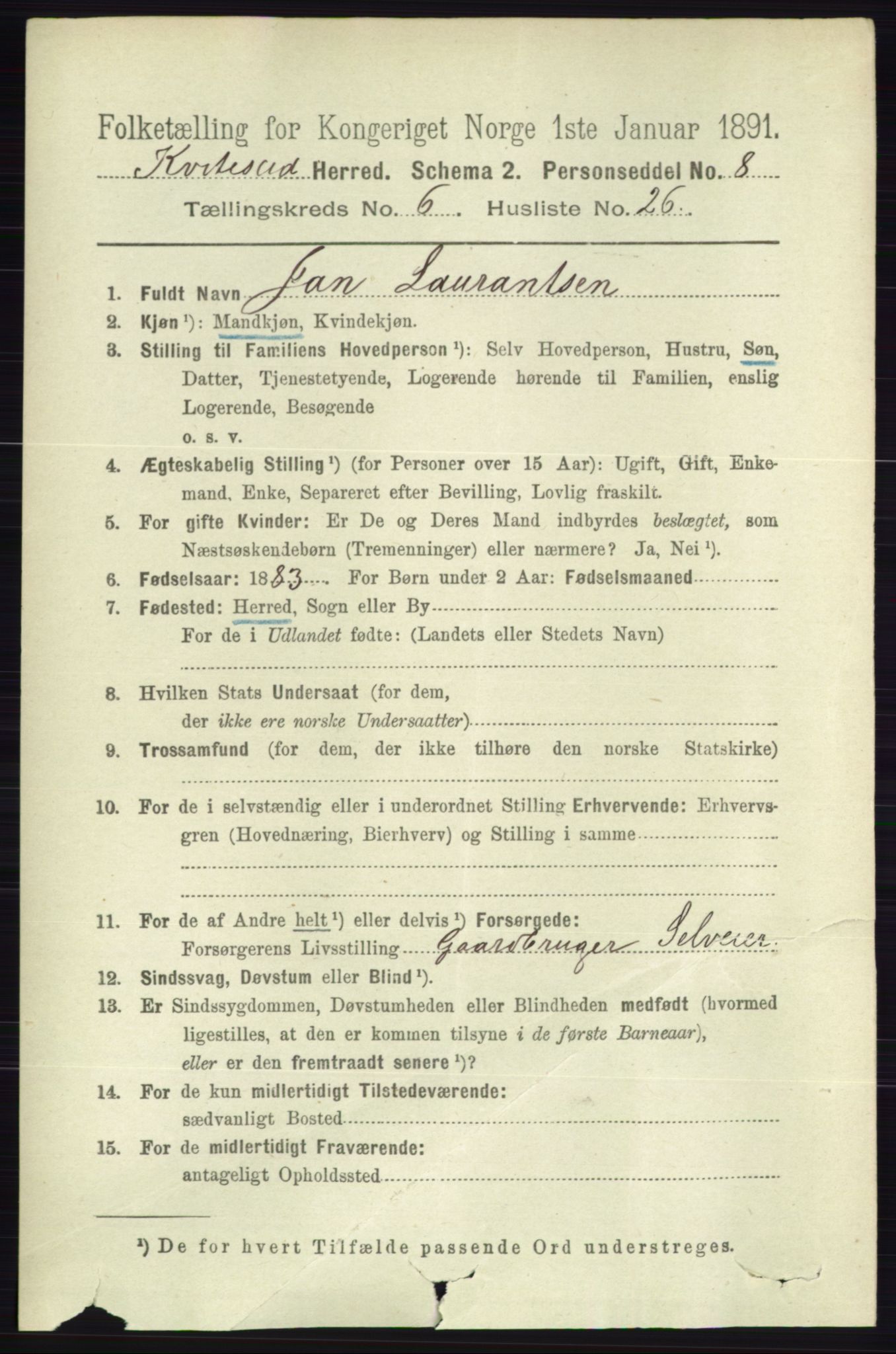 RA, 1891 census for 0829 Kviteseid, 1891, p. 1326