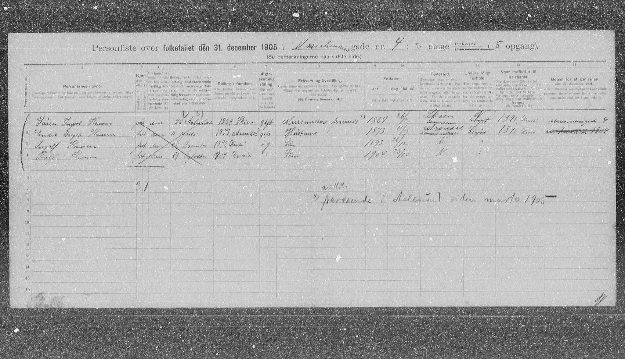 OBA, Municipal Census 1905 for Kristiania, 1905, p. 34043