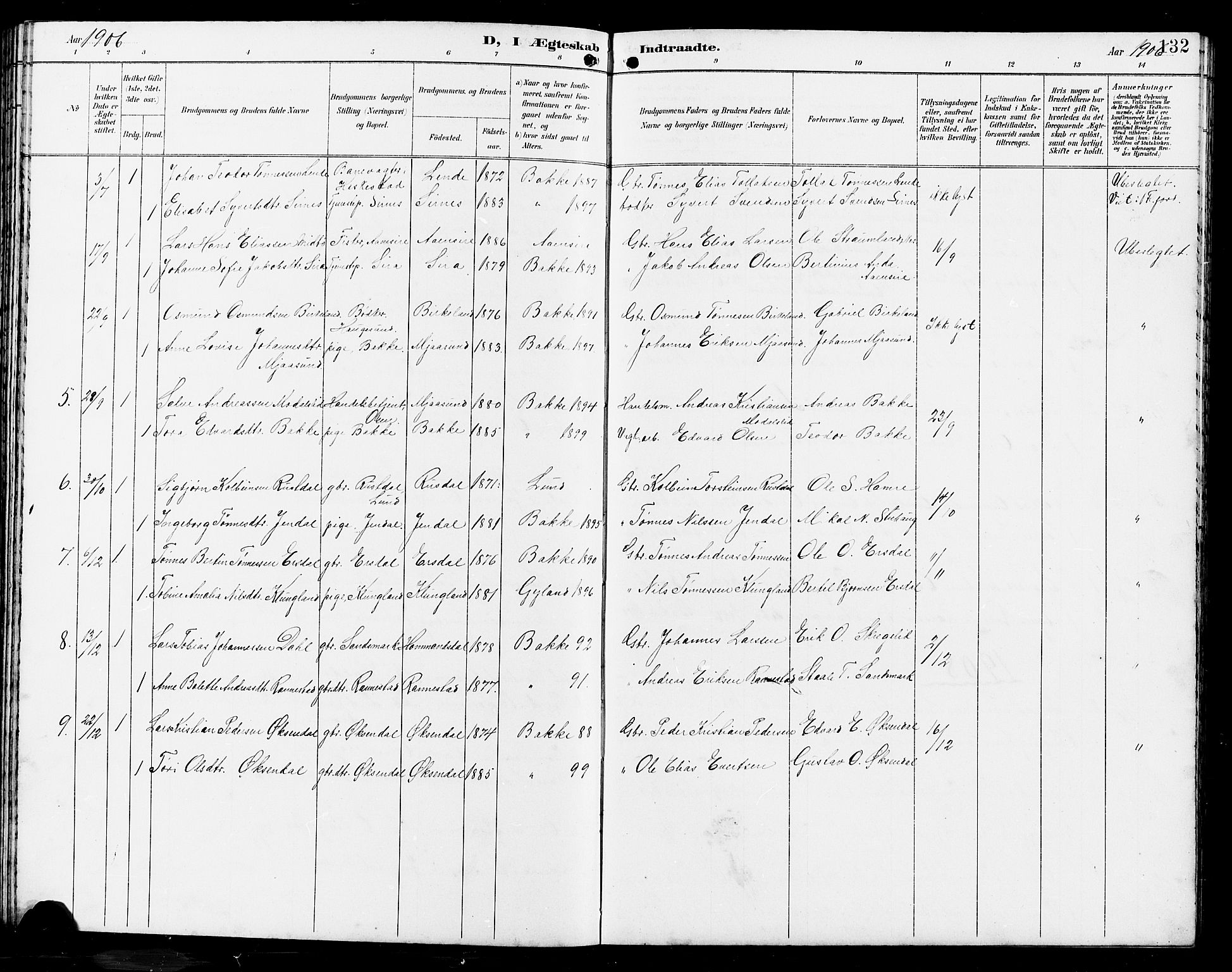 Bakke sokneprestkontor, SAK/1111-0002/F/Fb/Fba/L0003: Parish register (copy) no. B 3, 1894-1910, p. 132