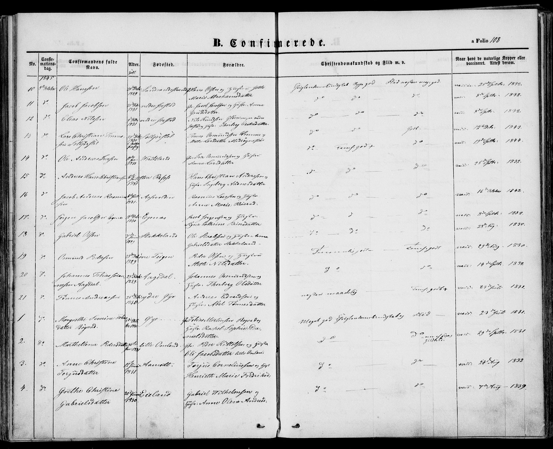 Kvinesdal sokneprestkontor, AV/SAK-1111-0026/F/Fa/Fab/L0005: Parish register (official) no. A 5, 1844-1857, p. 108