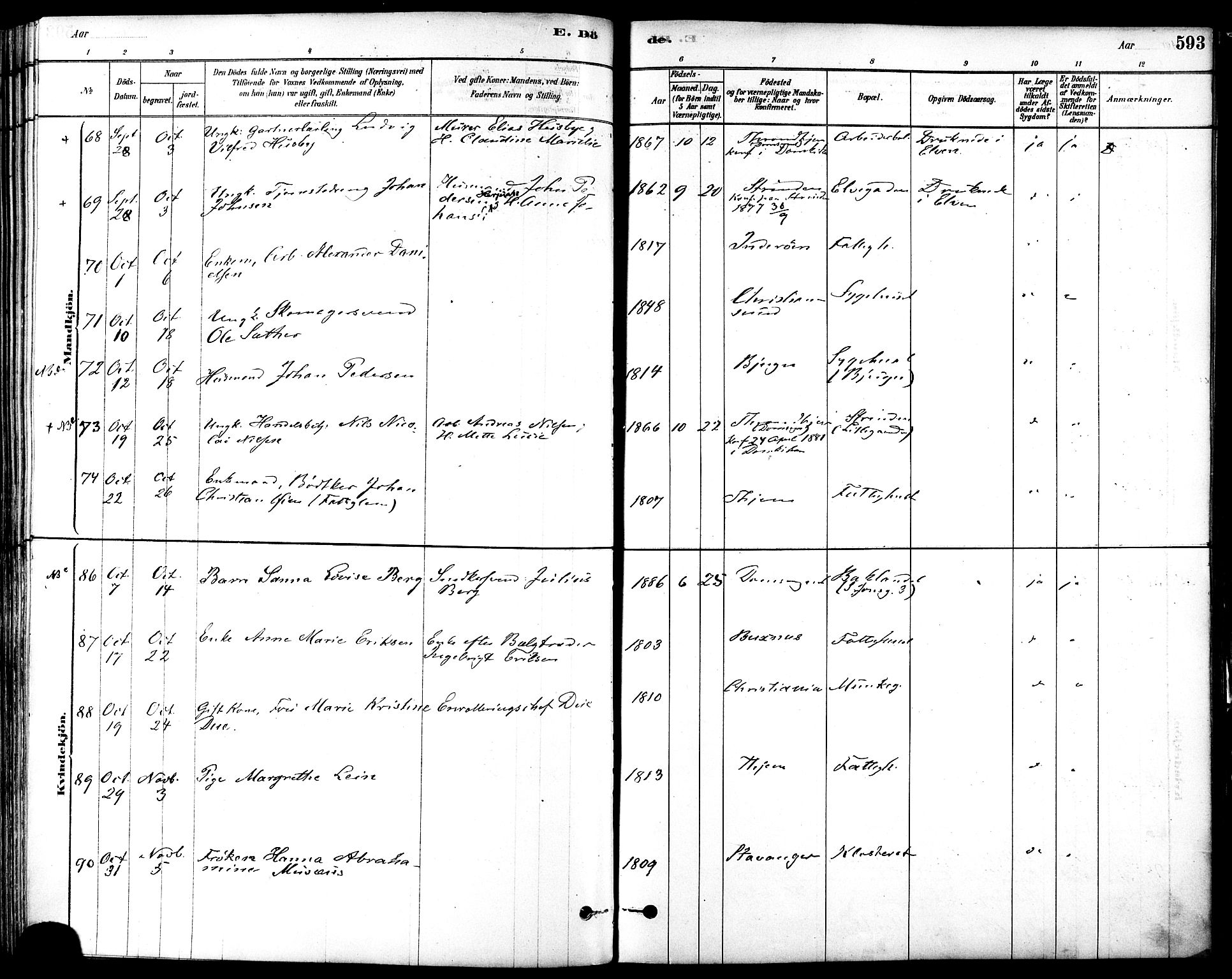 Ministerialprotokoller, klokkerbøker og fødselsregistre - Sør-Trøndelag, AV/SAT-A-1456/601/L0058: Parish register (official) no. 601A26, 1877-1891, p. 593