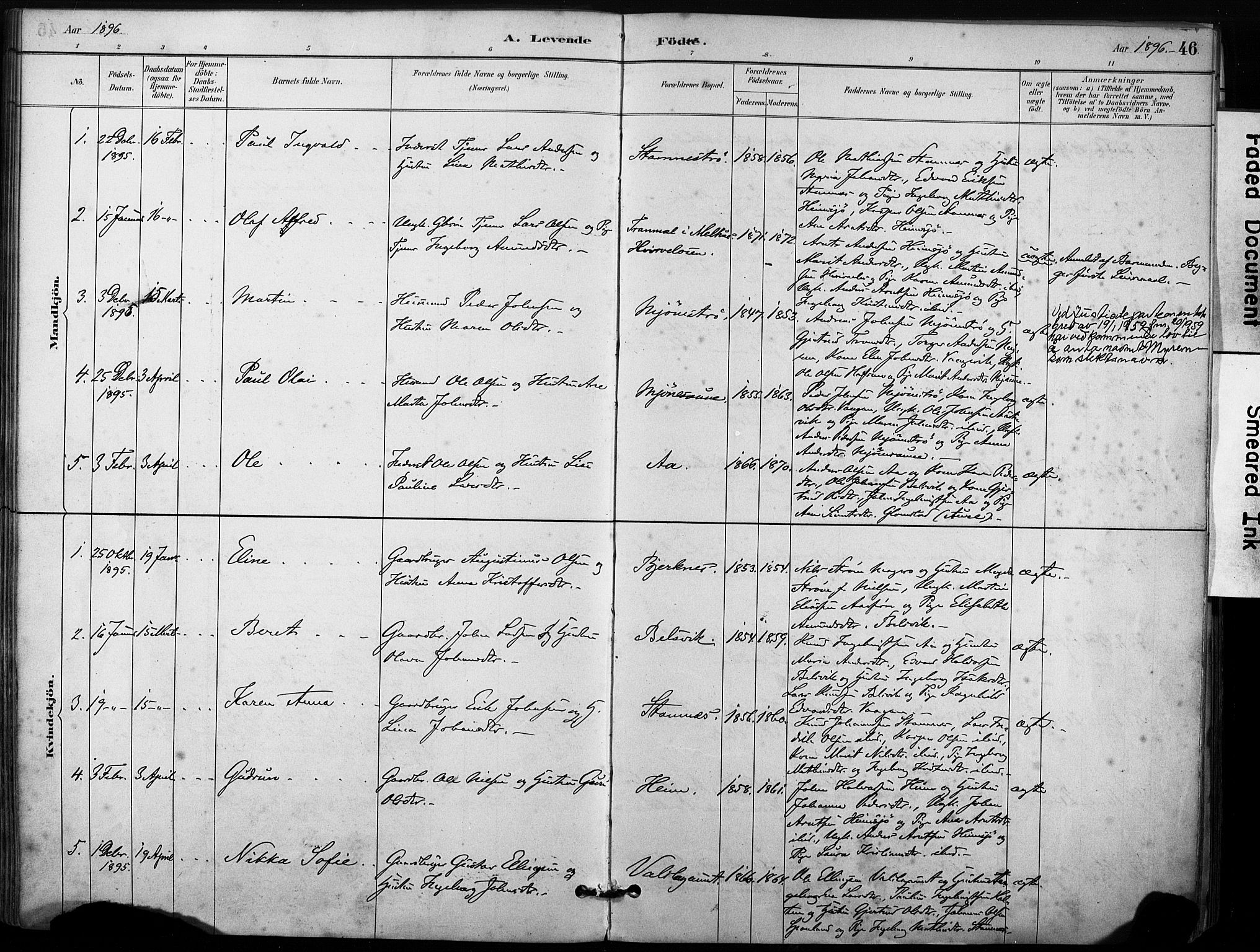Ministerialprotokoller, klokkerbøker og fødselsregistre - Sør-Trøndelag, SAT/A-1456/633/L0518: Parish register (official) no. 633A01, 1884-1906, p. 46