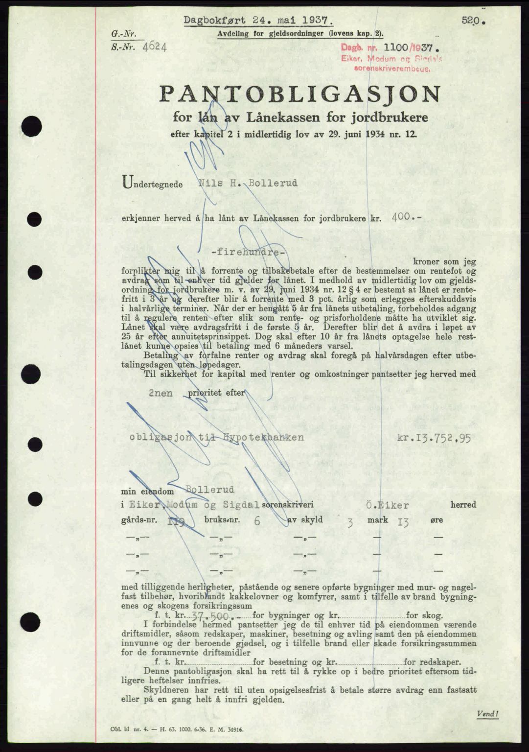 Eiker, Modum og Sigdal sorenskriveri, SAKO/A-123/G/Ga/Gab/L0035: Mortgage book no. A5, 1937-1937, Diary no: : 1100/1937
