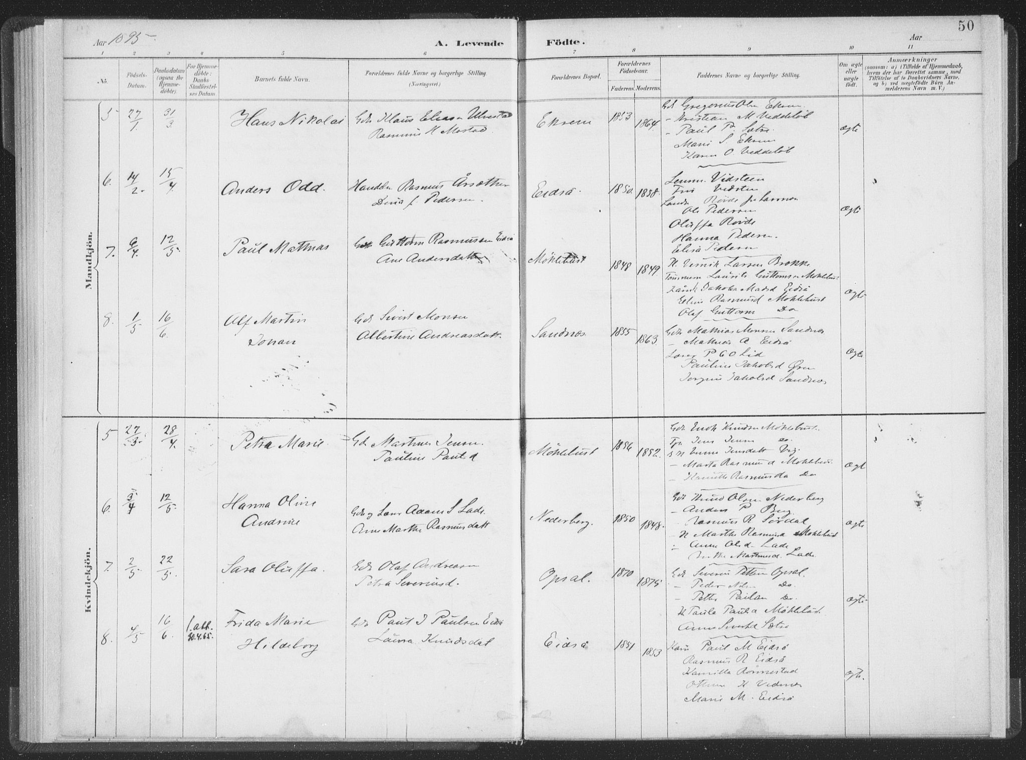 Ministerialprotokoller, klokkerbøker og fødselsregistre - Møre og Romsdal, AV/SAT-A-1454/502/L0025: Parish register (official) no. 502A03, 1885-1909, p. 50