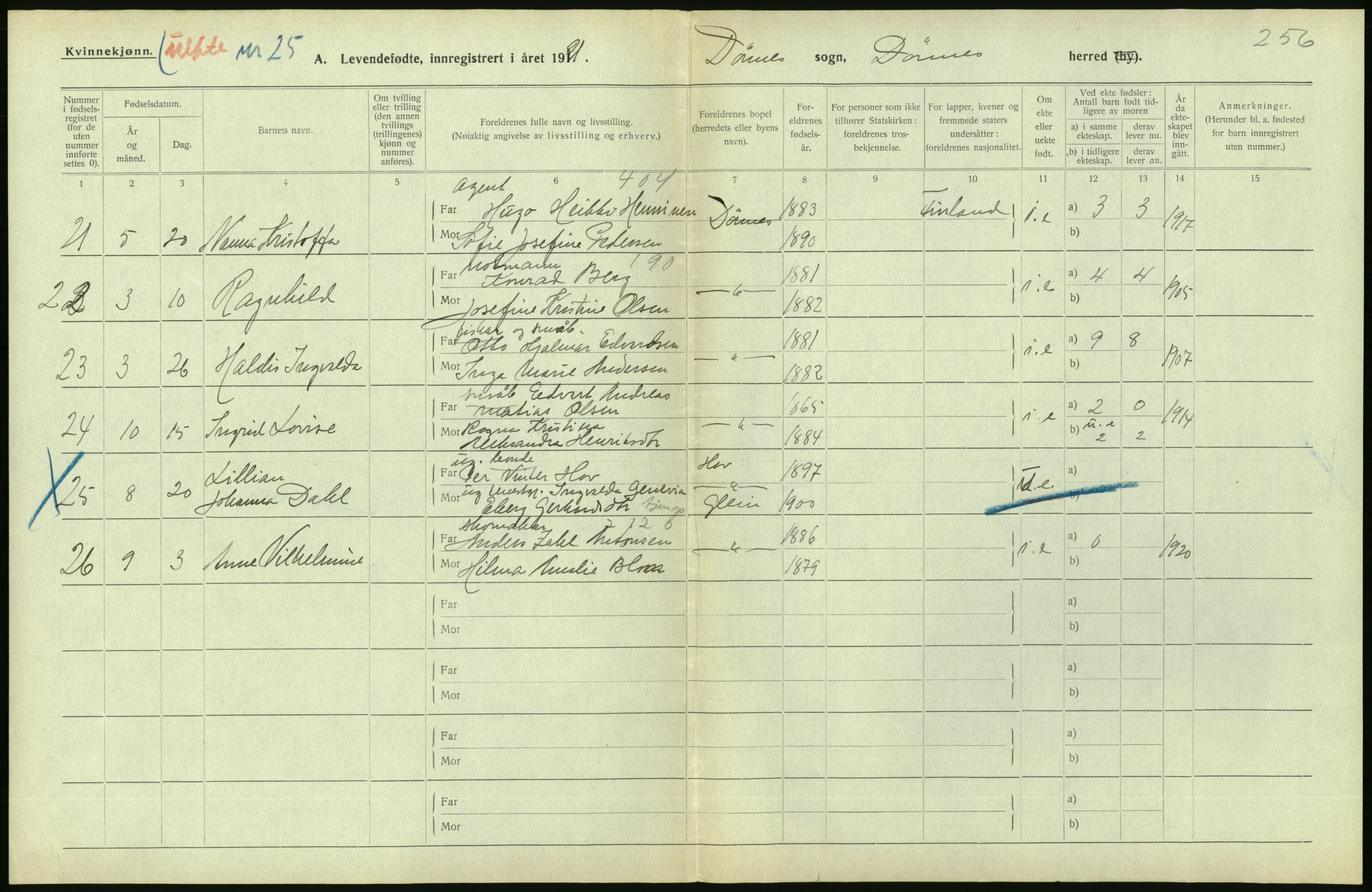 Statistisk sentralbyrå, Sosiodemografiske emner, Befolkning, AV/RA-S-2228/D/Df/Dfc/Dfca/L0049: Nordland fylke: Levendefødte menn og kvinner. Bygder., 1921, p. 98