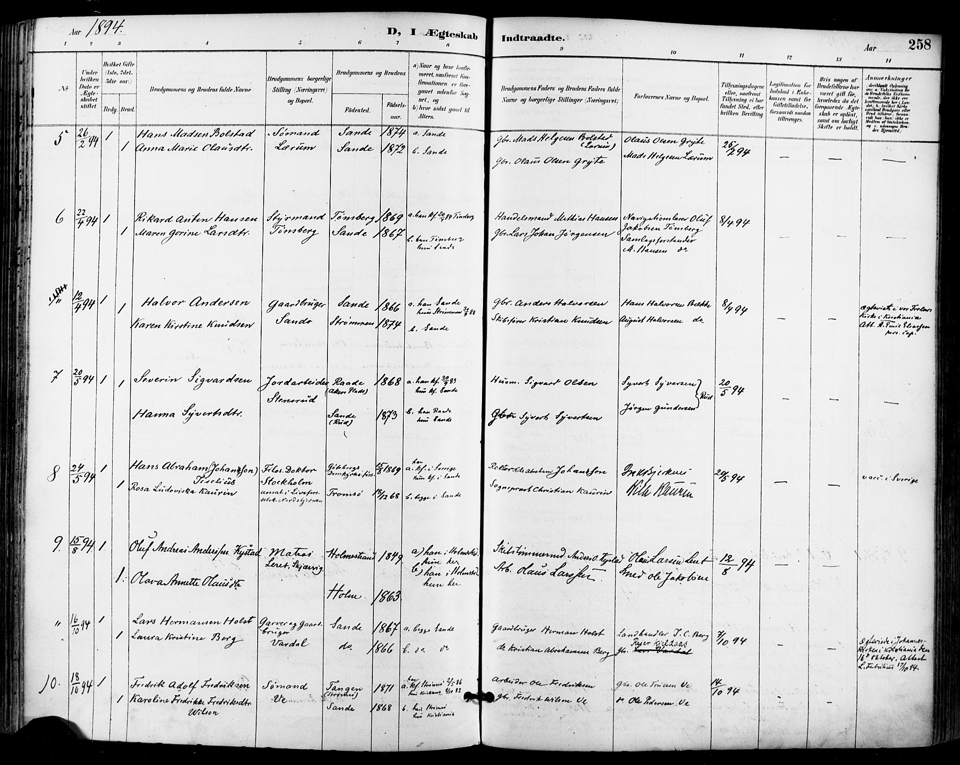 Sande Kirkebøker, AV/SAKO-A-53/F/Fa/L0007: Parish register (official) no. 7, 1888-1903, p. 258