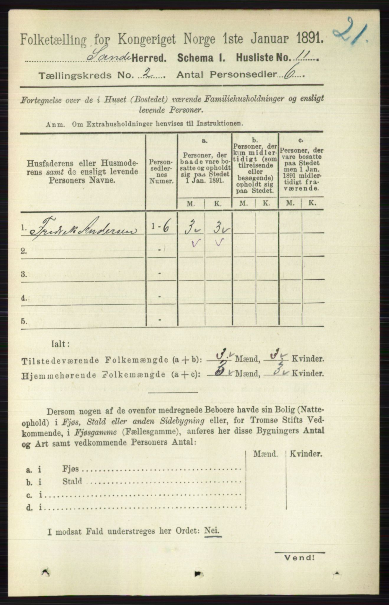 RA, 1891 census for 0713 Sande, 1891, p. 479