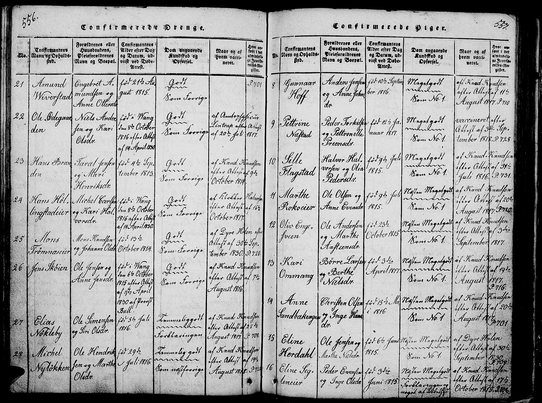 Løten prestekontor, AV/SAH-PREST-022/L/La/L0001: Parish register (copy) no. 1, 1812-1832, p. 556-557