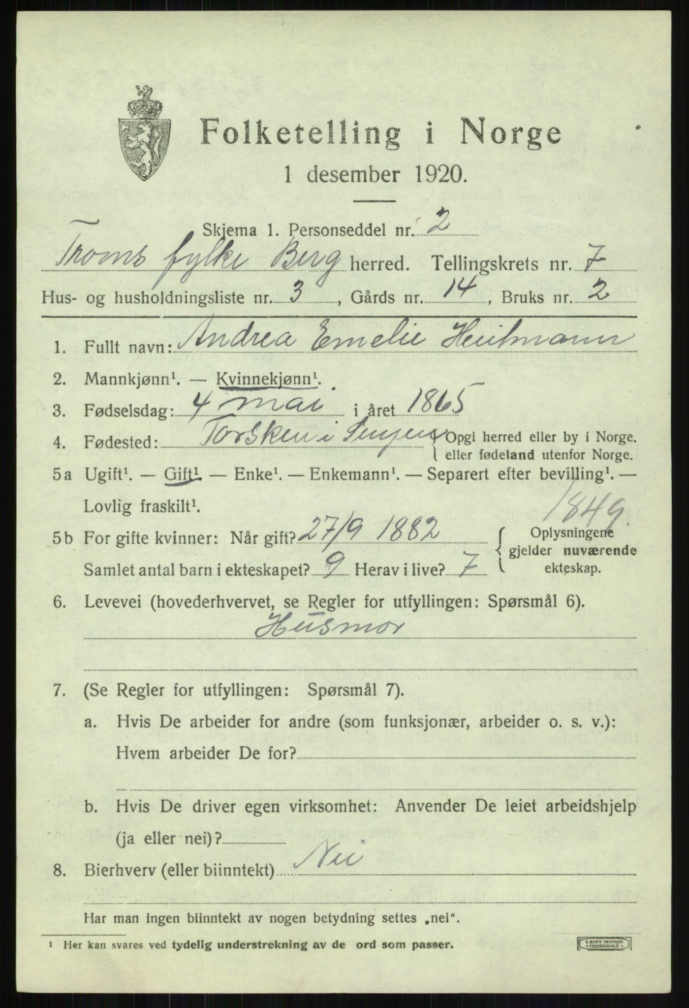 SATØ, 1920 census for Berg, 1920, p. 2446