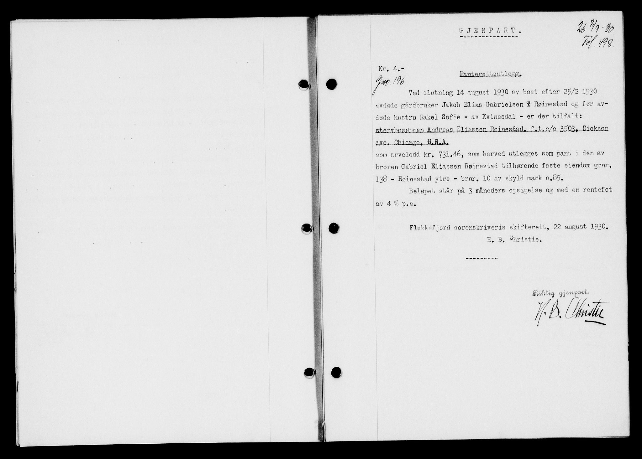 Flekkefjord sorenskriveri, AV/SAK-1221-0001/G/Gb/Gba/L0046: Mortgage book no. 44, 1930-1931, Deed date: 02.09.1930