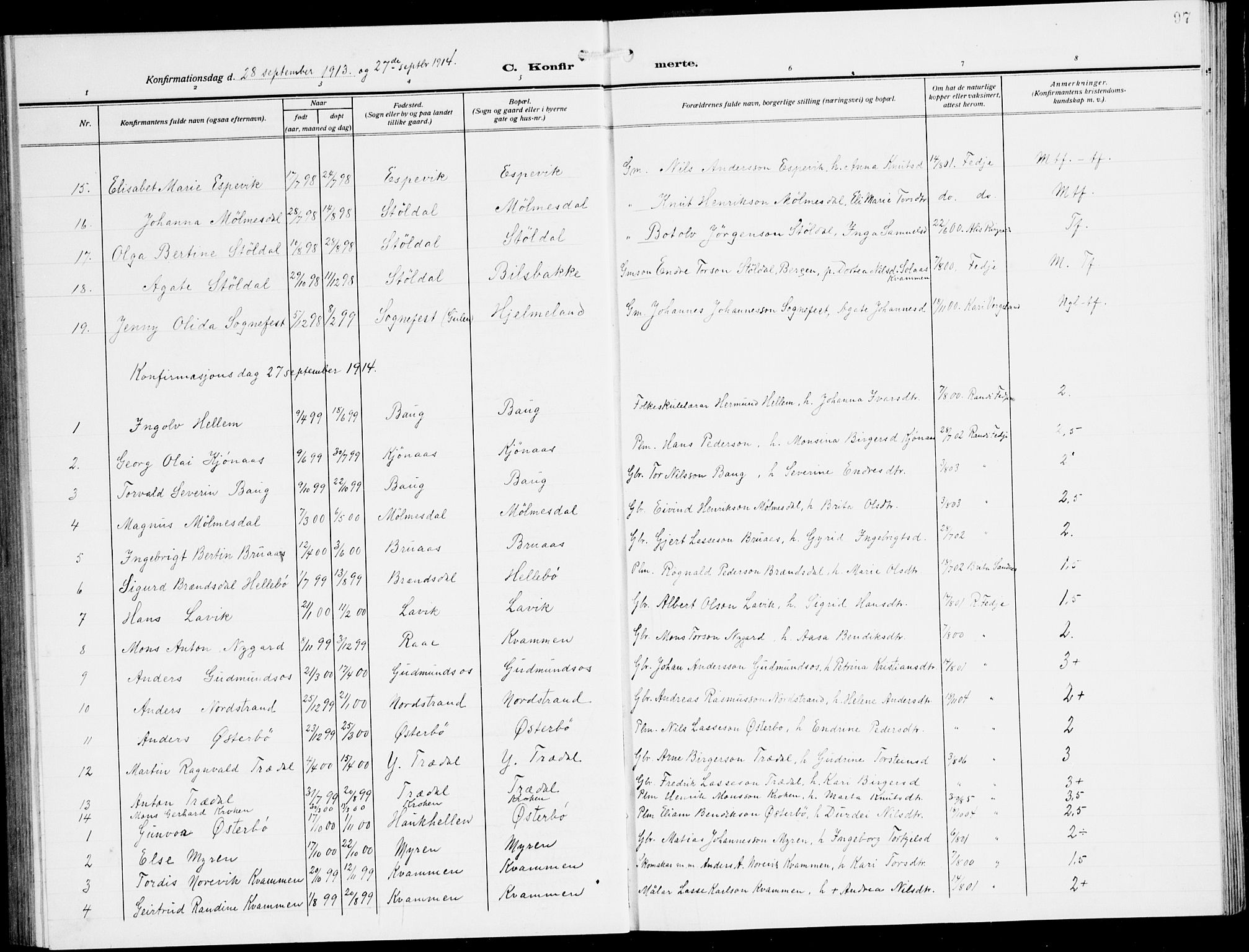 Lavik sokneprestembete, SAB/A-80901: Parish register (copy) no. A 3, 1911-1942, p. 97