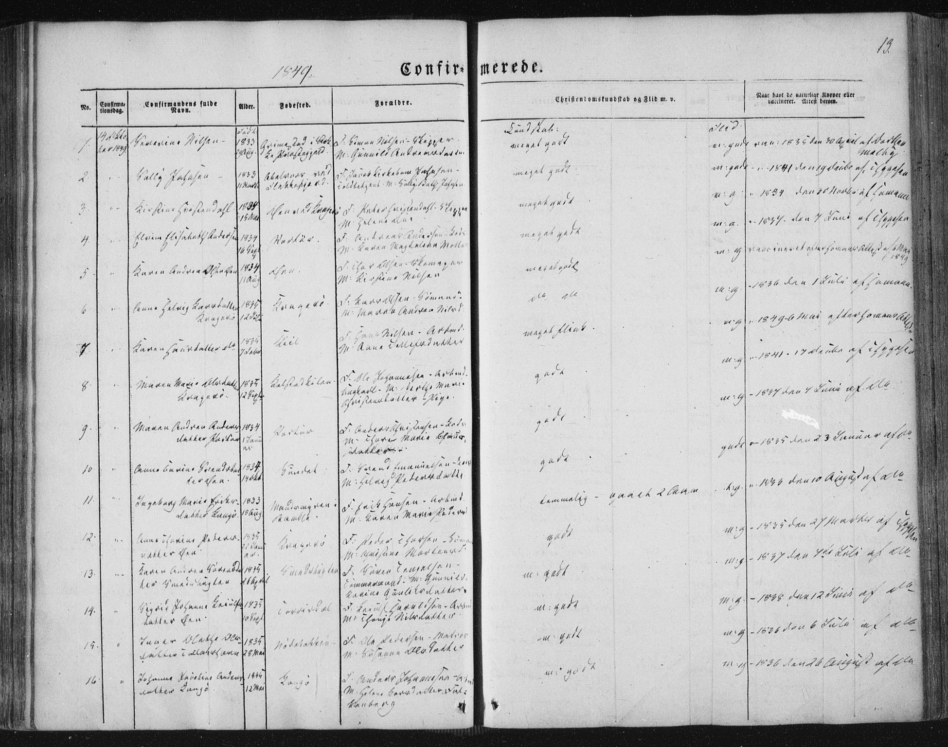 Kragerø kirkebøker, AV/SAKO-A-278/F/Fa/L0006: Parish register (official) no. 6, 1847-1861, p. 13