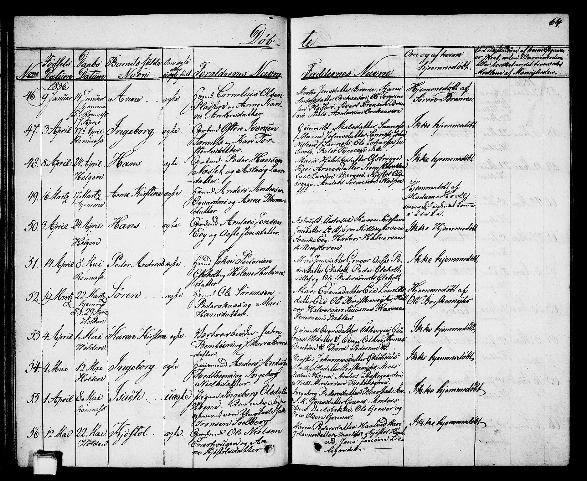 Holla kirkebøker, AV/SAKO-A-272/G/Ga/L0002: Parish register (copy) no. I 2, 1830-1848, p. 64