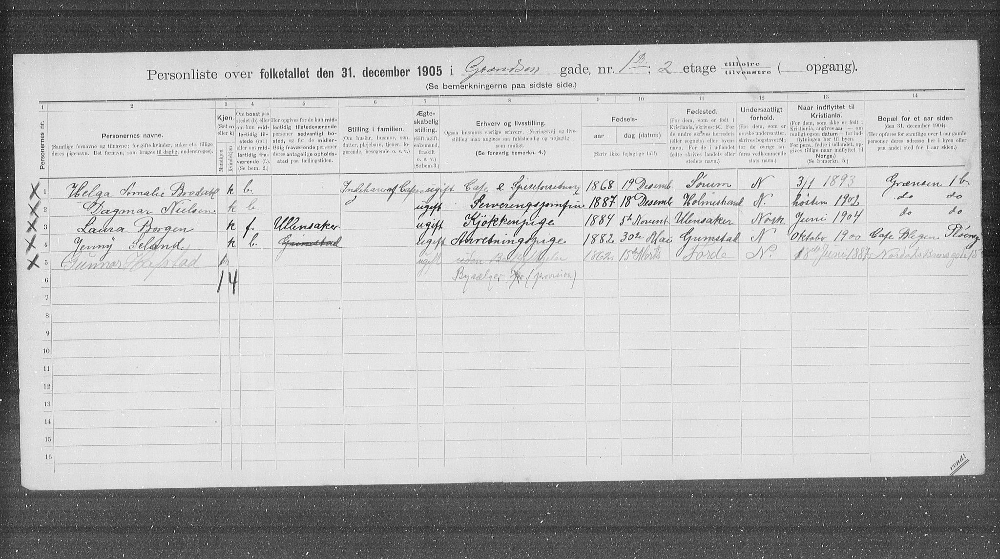 OBA, Municipal Census 1905 for Kristiania, 1905, p. 16130