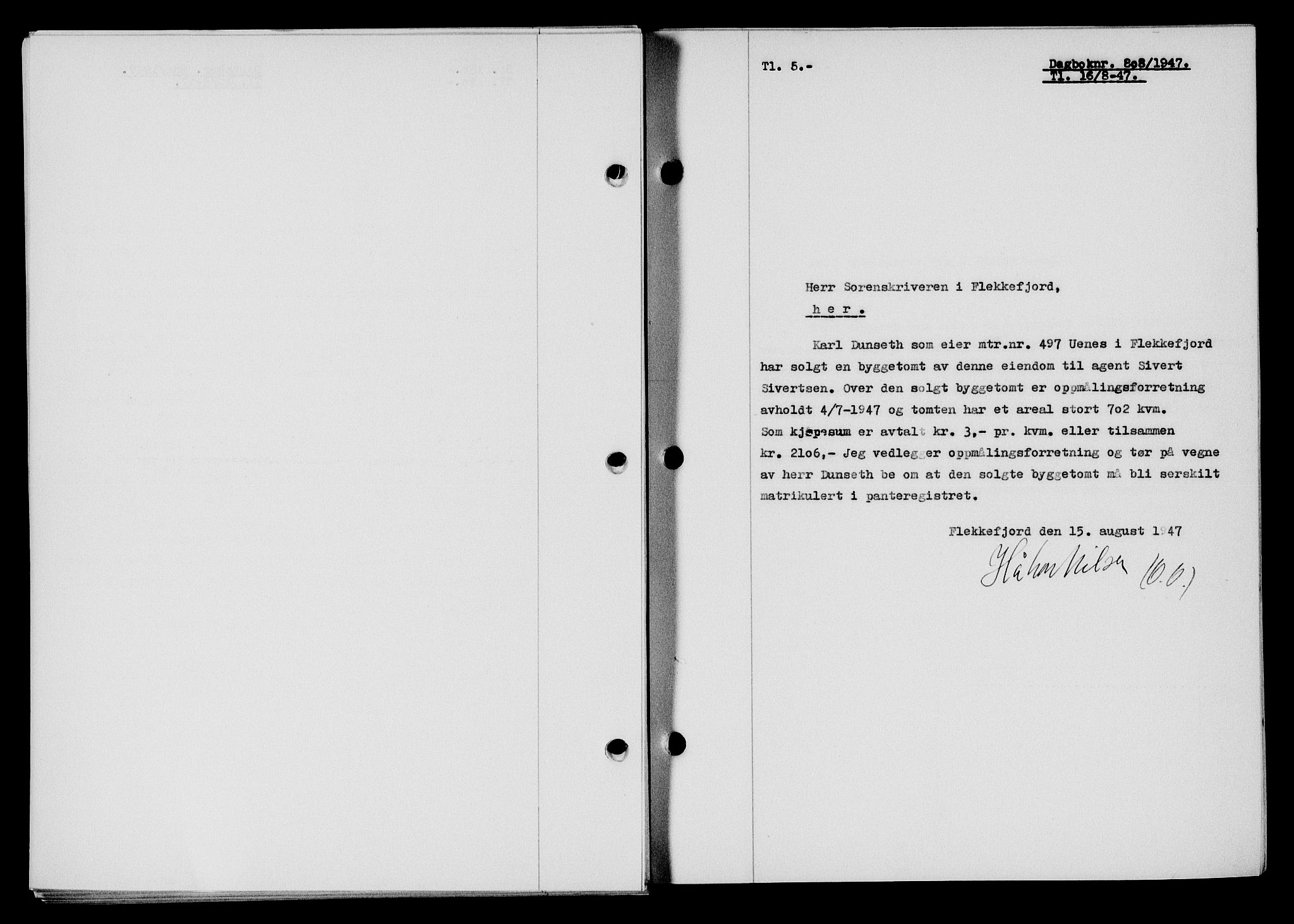 Flekkefjord sorenskriveri, SAK/1221-0001/G/Gb/Gba/L0062: Mortgage book no. A-10, 1947-1947, Diary no: : 808/1947