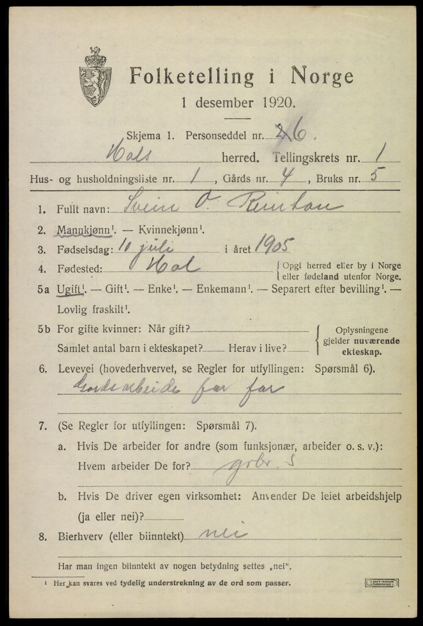 SAKO, 1920 census for Hol (Buskerud), 1920, p. 857