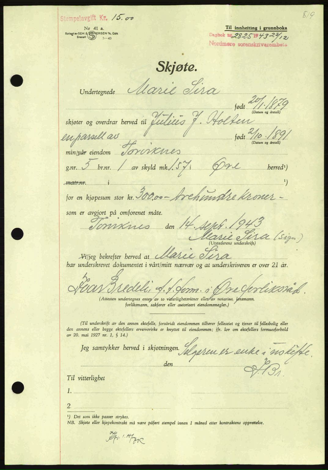 Nordmøre sorenskriveri, SAT/A-4132/1/2/2Ca: Mortgage book no. A96, 1943-1944, Diary no: : 2825/1943