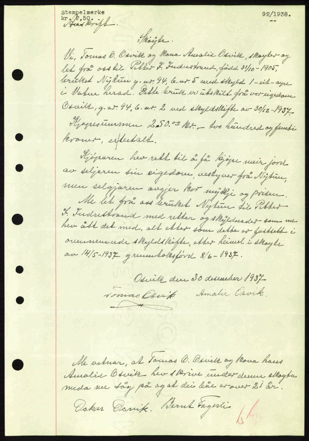 Nordre Sunnmøre sorenskriveri, AV/SAT-A-0006/1/2/2C/2Ca: Mortgage book no. A4, 1937-1938, Diary no: : 92/1938