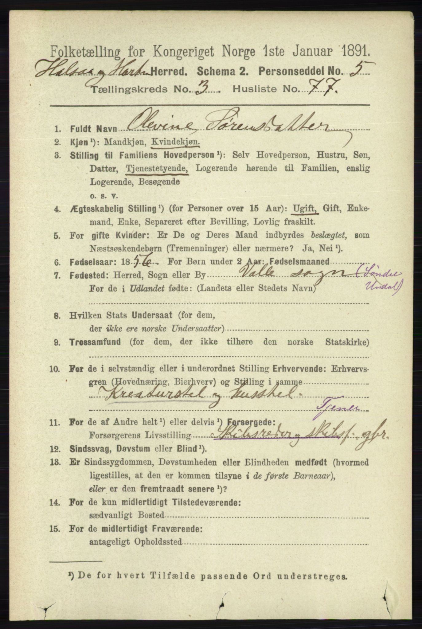 RA, 1891 census for 1019 Halse og Harkmark, 1891, p. 1393