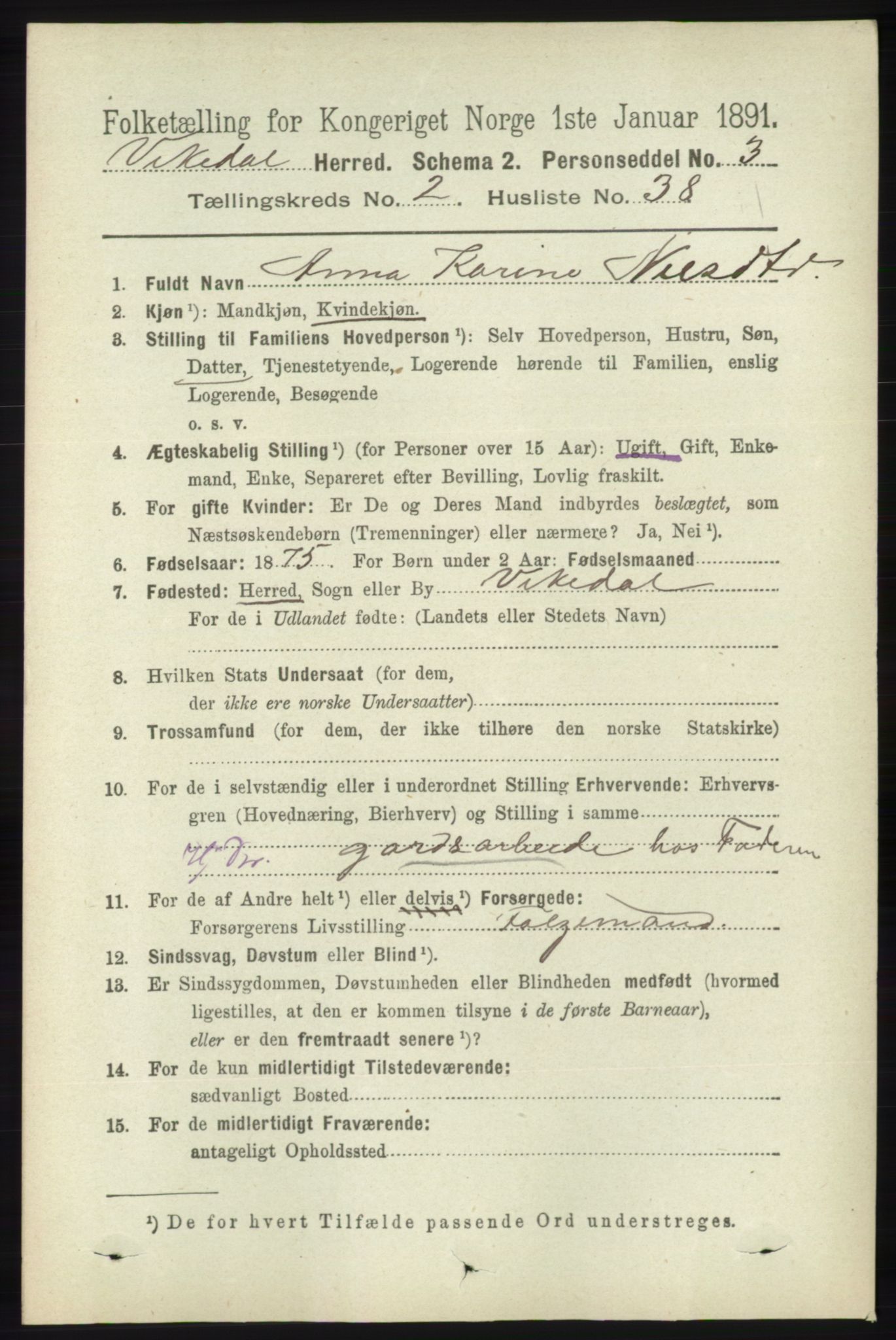 RA, 1891 census for 1157 Vikedal, 1891, p. 440