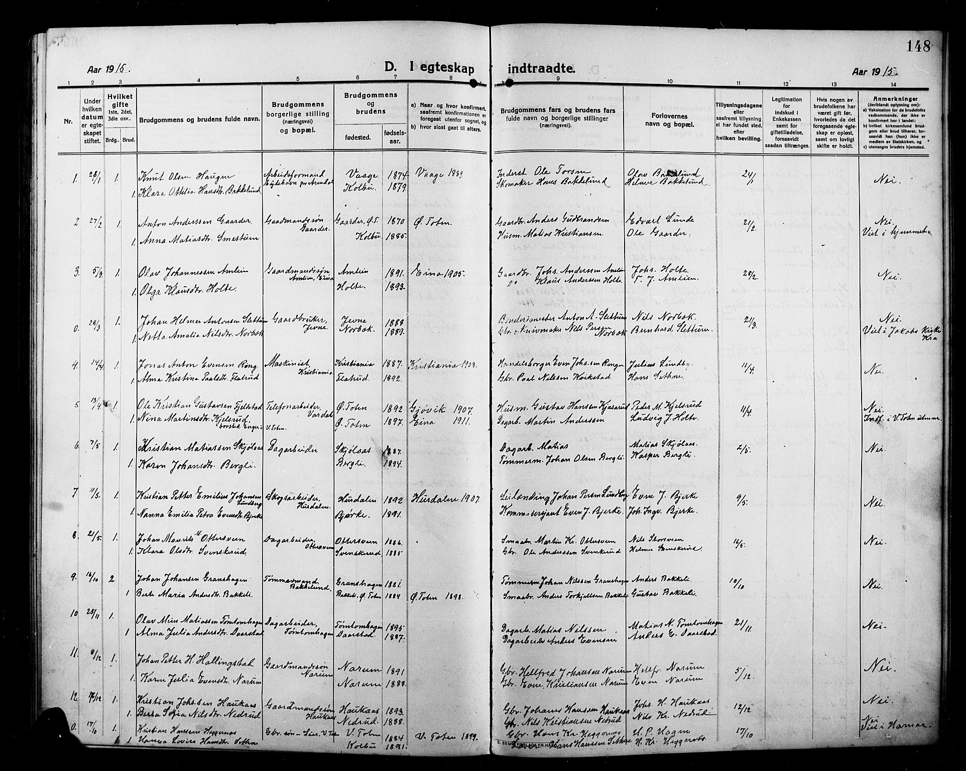 Kolbu prestekontor, SAH/PREST-110/H/Ha/Hab/L0001: Parish register (copy) no. 1, 1912-1925, p. 148