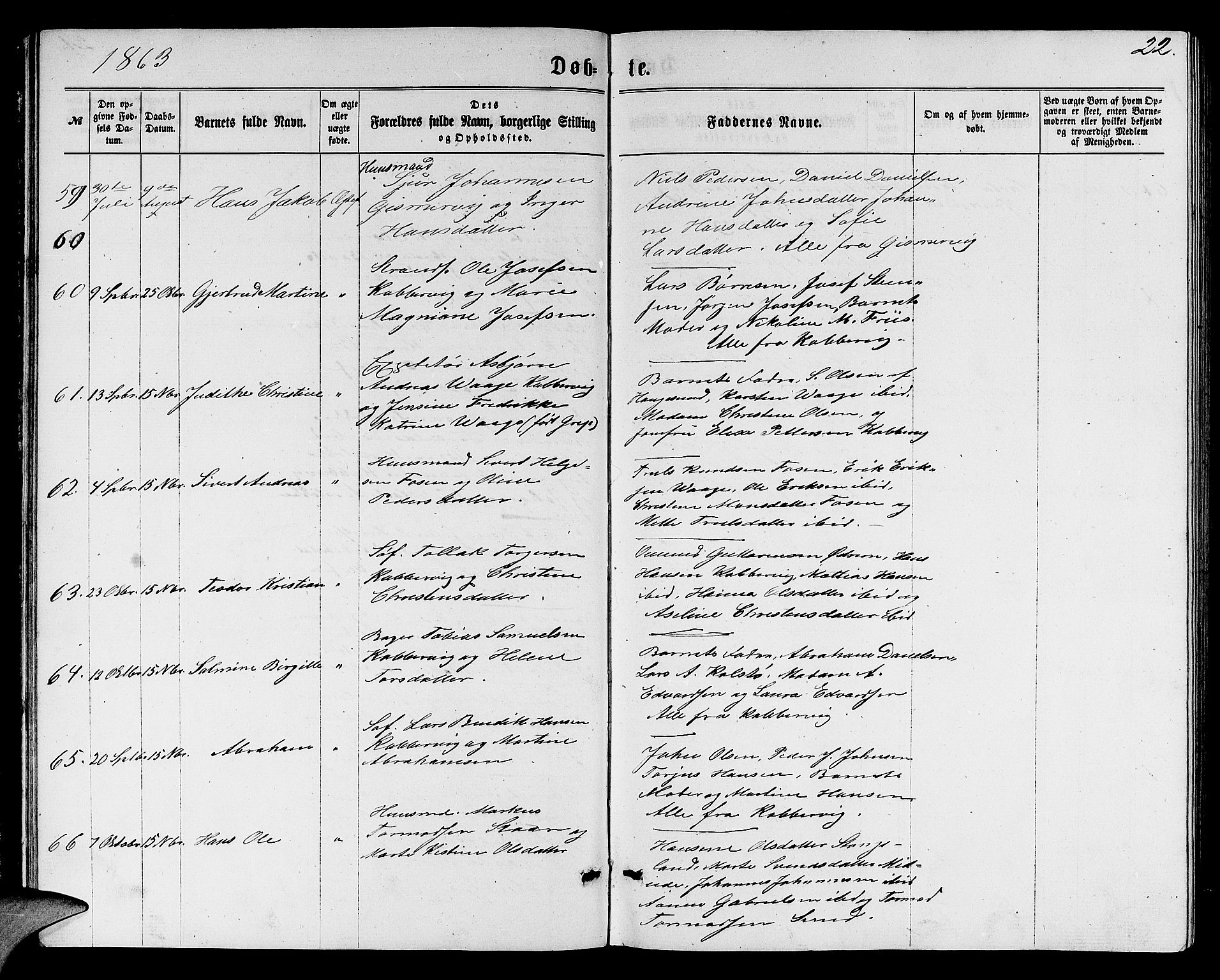 Avaldsnes sokneprestkontor, AV/SAST-A -101851/H/Ha/Hab/L0004: Parish register (copy) no. B 4, 1861-1876, p. 22