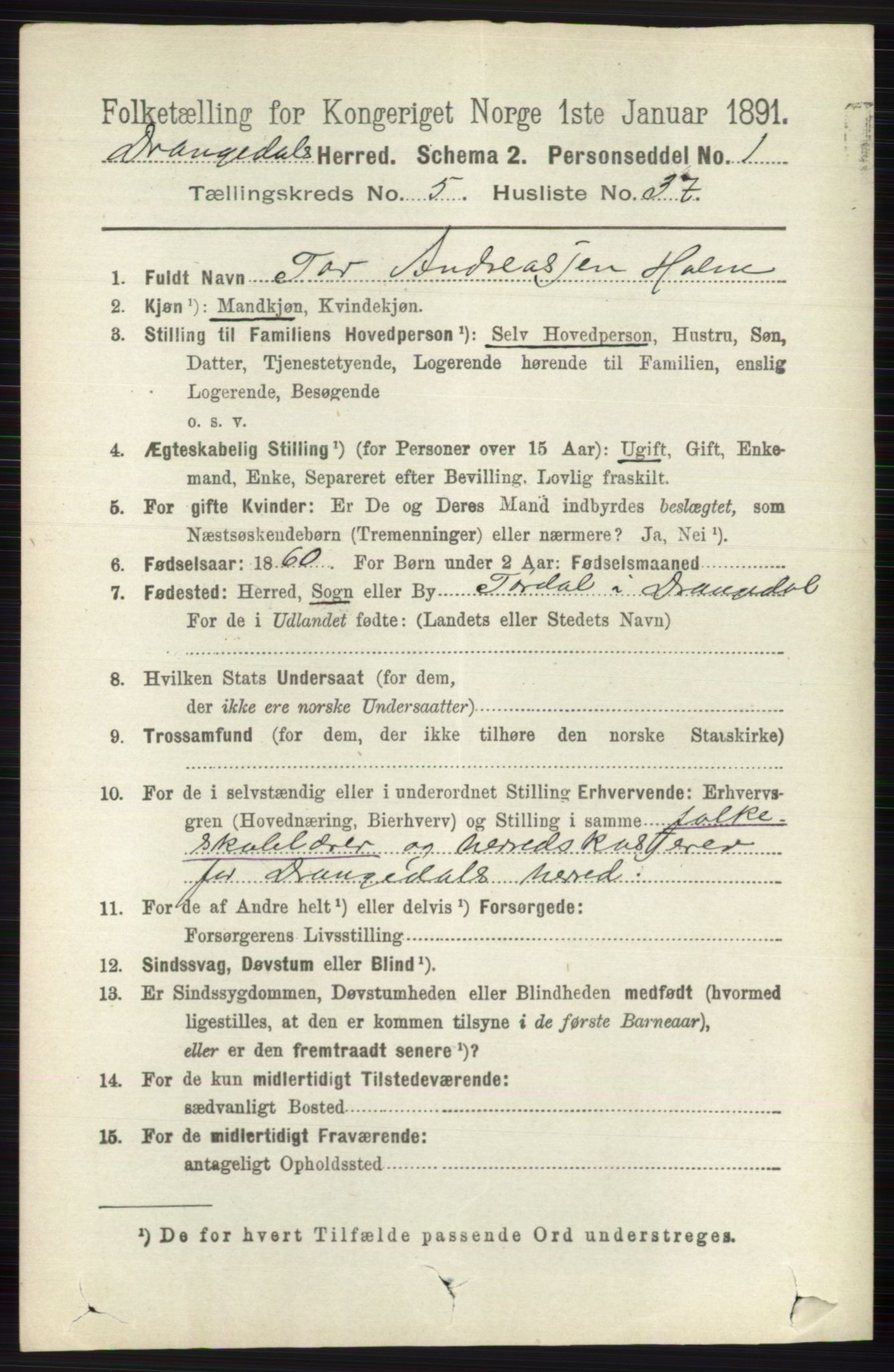 RA, 1891 census for 0817 Drangedal, 1891, p. 1920