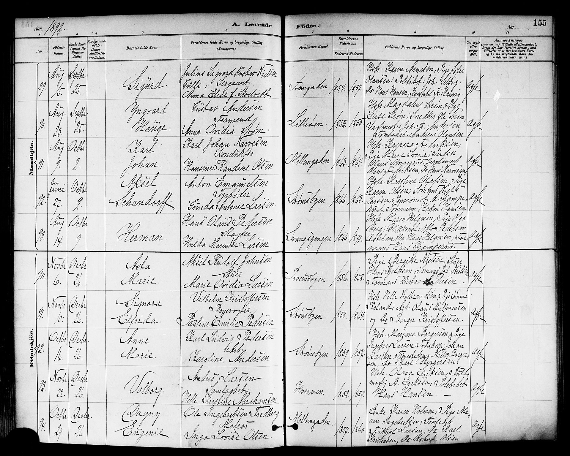 Strømsø kirkebøker, SAKO/A-246/F/Fa/L0023: Parish register (official) no. I 23, 1885-1894, p. 155