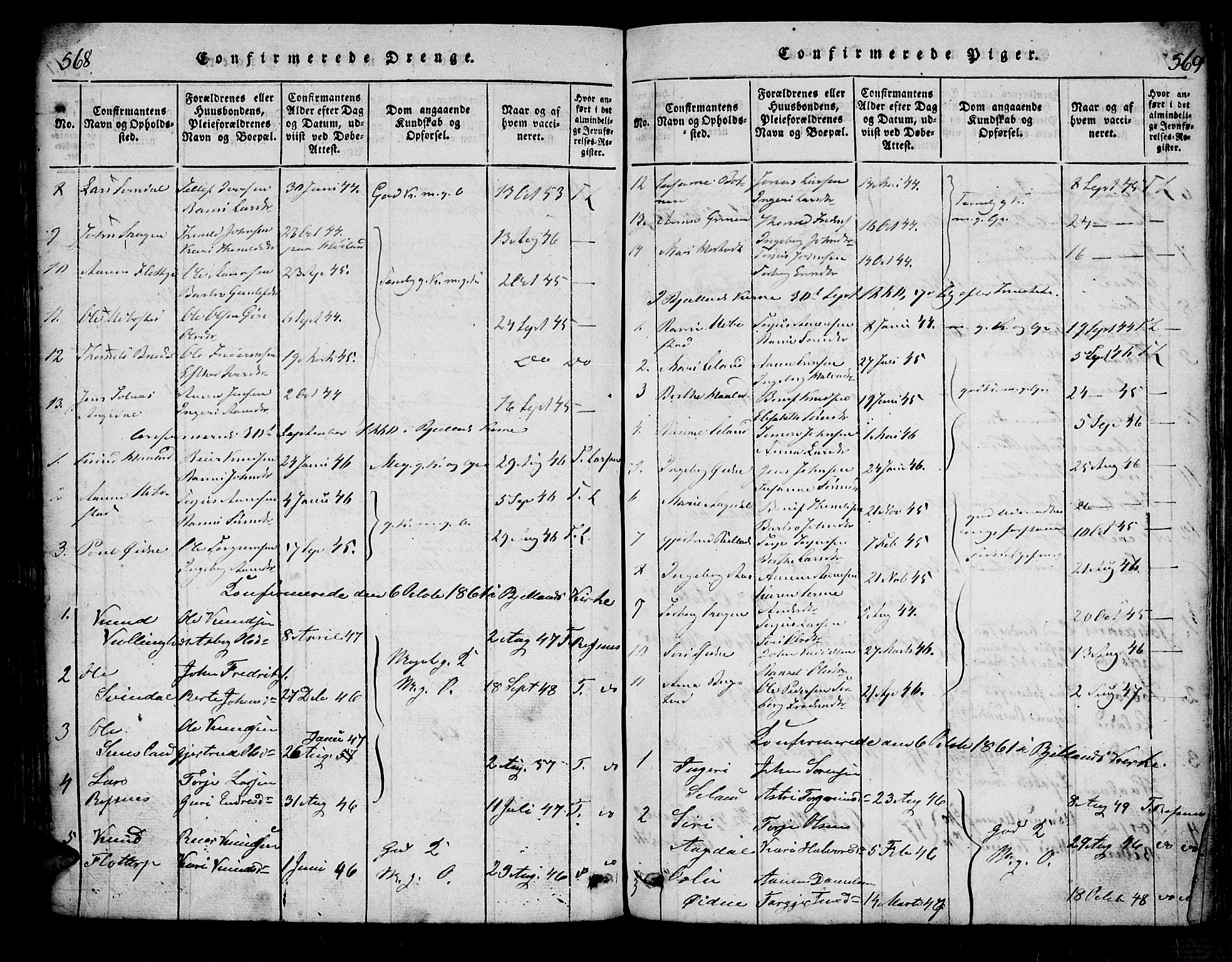 Bjelland sokneprestkontor, SAK/1111-0005/F/Fa/Fac/L0001: Parish register (official) no. A 1, 1815-1866, p. 568-569