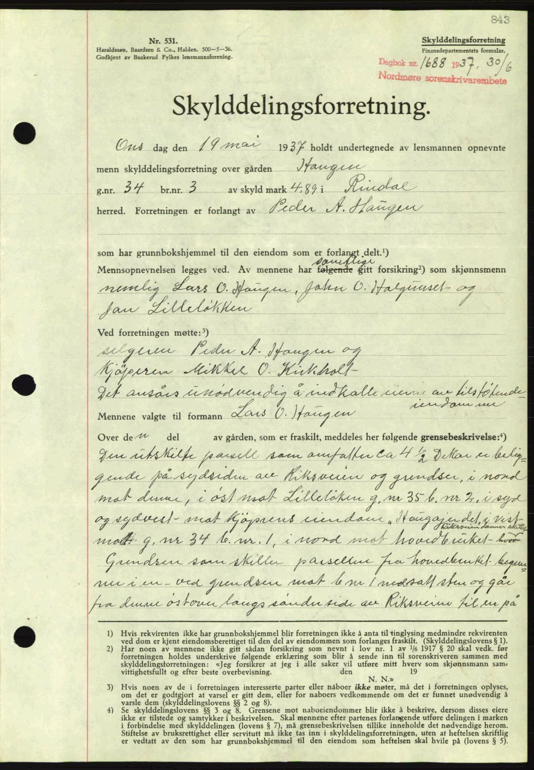 Nordmøre sorenskriveri, AV/SAT-A-4132/1/2/2Ca: Mortgage book no. A81, 1937-1937, Diary no: : 1688/1937