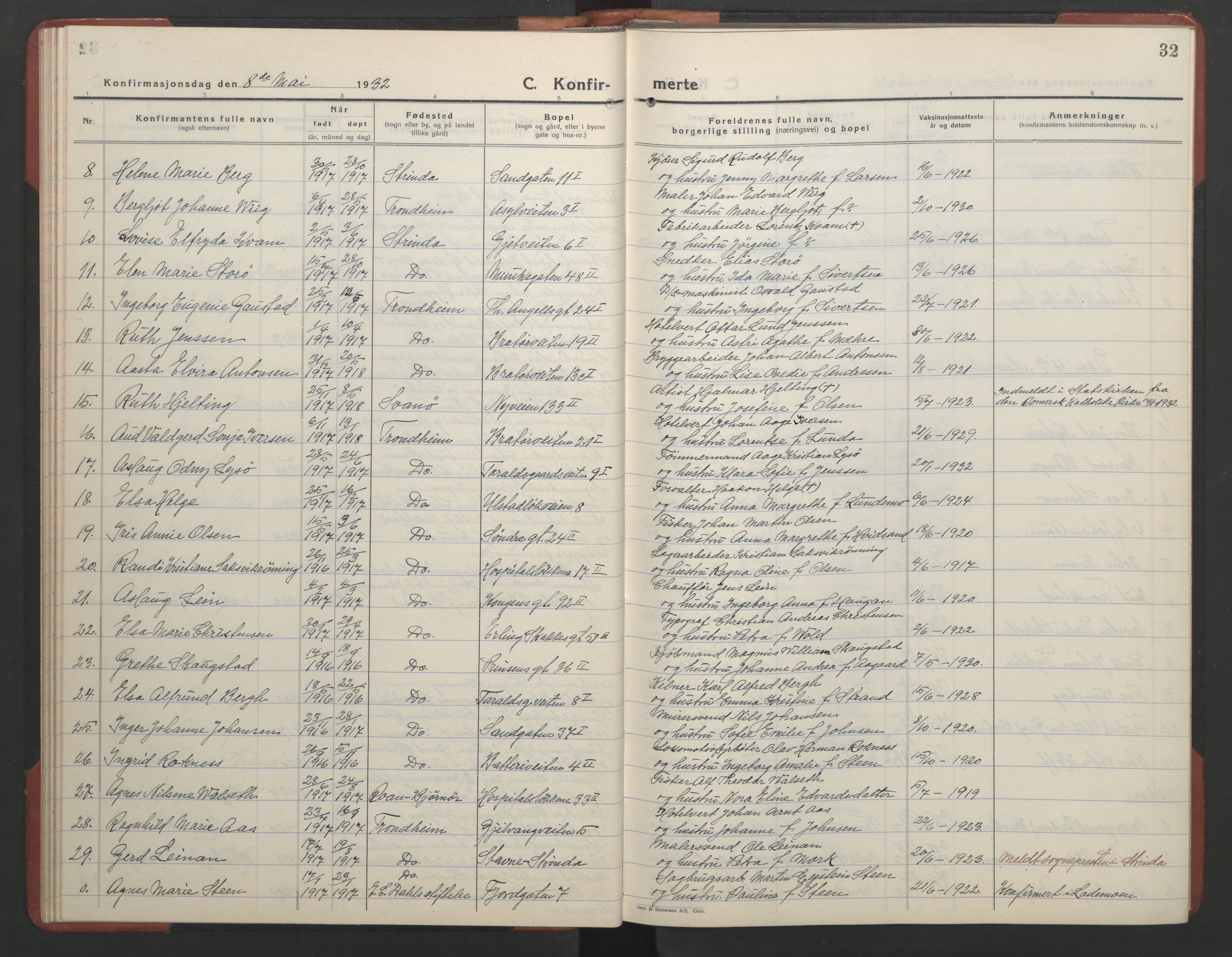 Ministerialprotokoller, klokkerbøker og fødselsregistre - Sør-Trøndelag, SAT/A-1456/602/L0151: Parish register (copy) no. 602C19, 1925-1951, p. 32