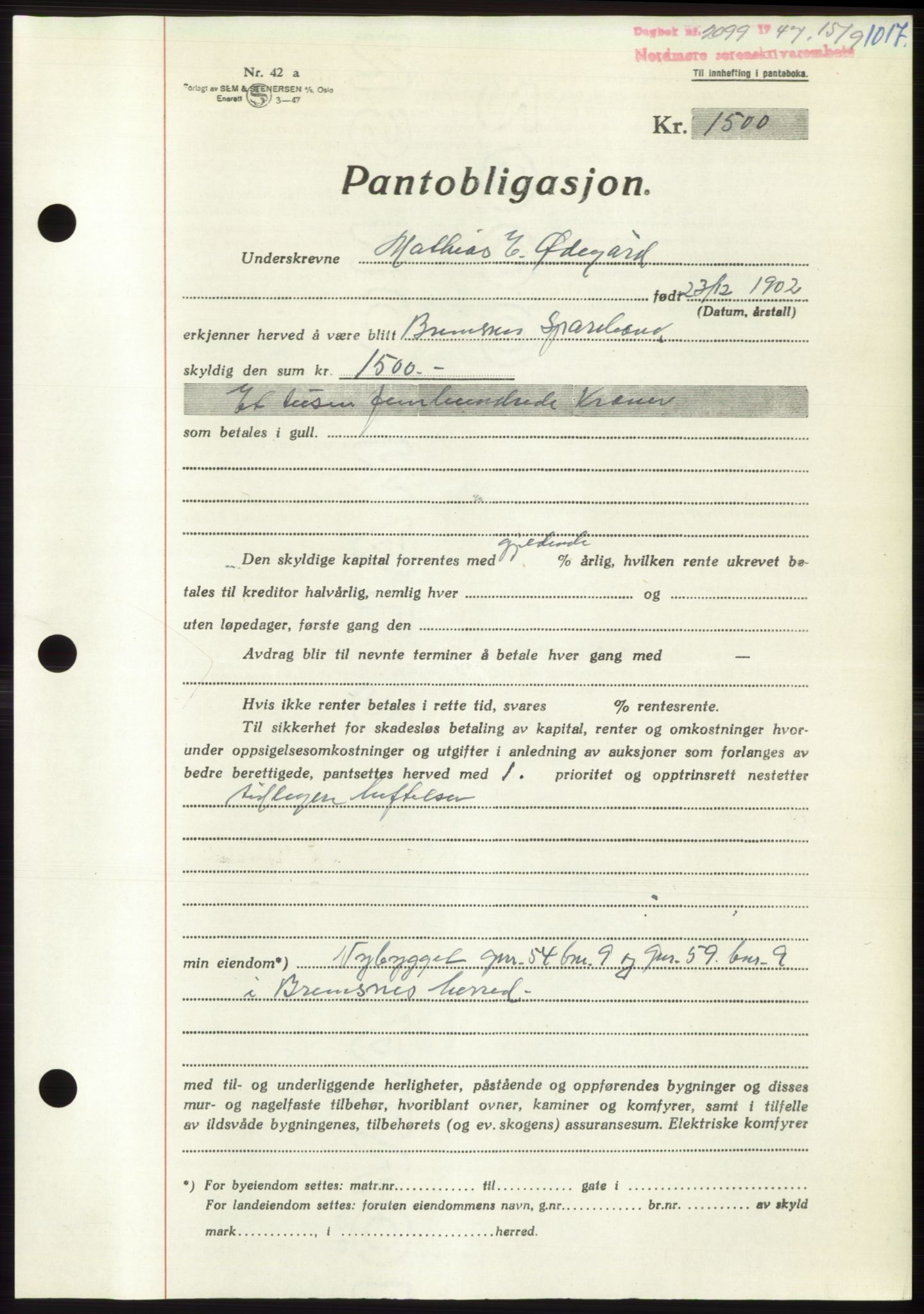 Nordmøre sorenskriveri, AV/SAT-A-4132/1/2/2Ca: Mortgage book no. B96, 1947-1947, Diary no: : 2099/1947