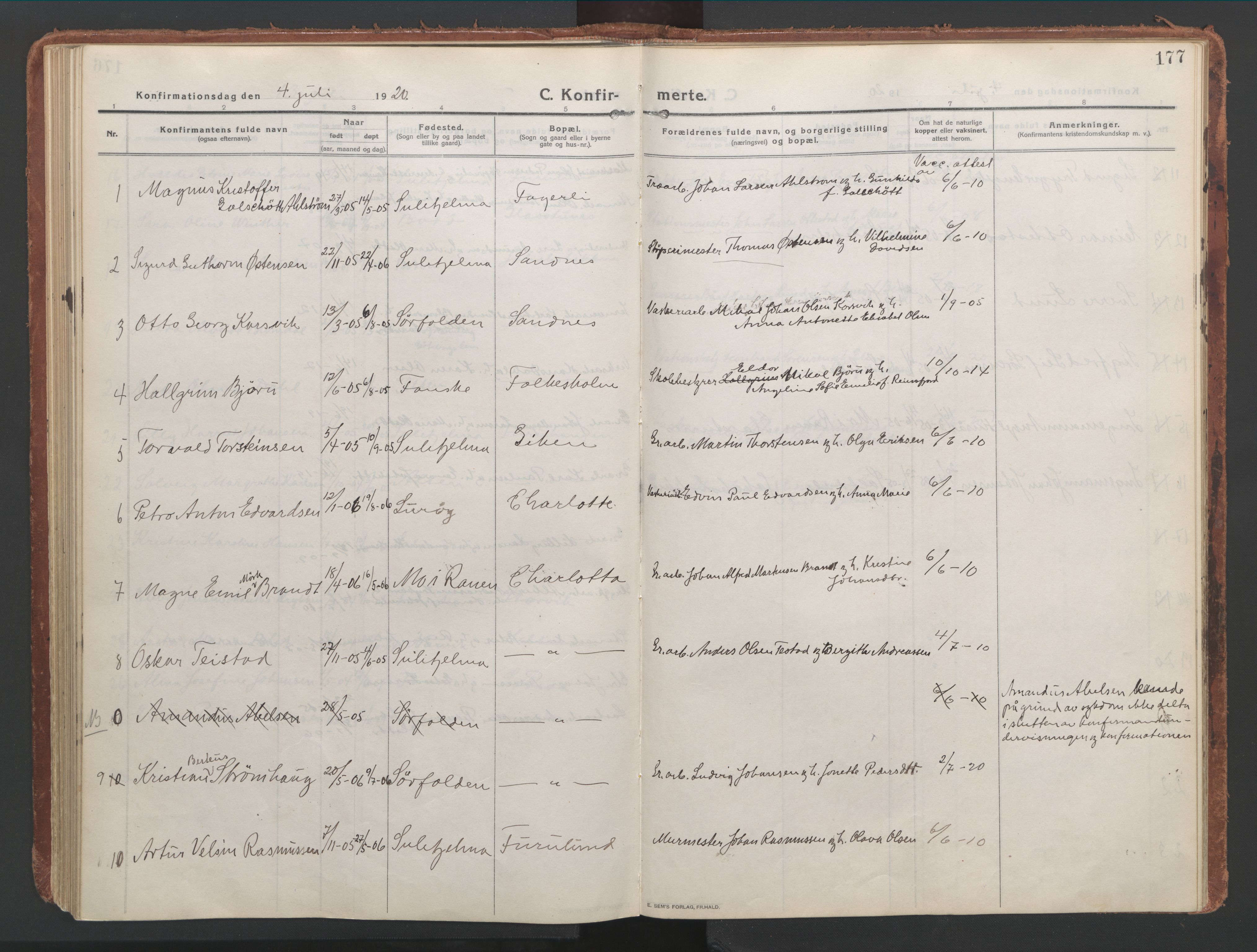 Ministerialprotokoller, klokkerbøker og fødselsregistre - Nordland, AV/SAT-A-1459/850/L0715: Curate's parish register no. 850B05, 1913-1924, p. 177