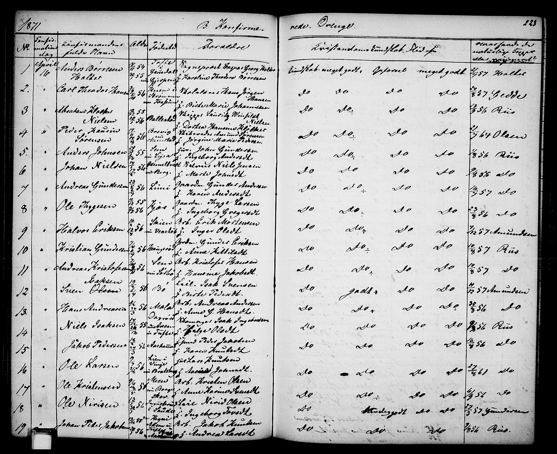 Gjerpen kirkebøker, AV/SAKO-A-265/G/Ga/L0001: Parish register (copy) no. I 1, 1864-1882, p. 223