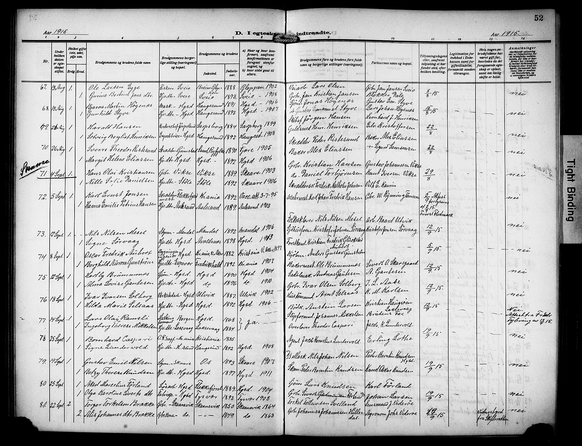 Haugesund sokneprestkontor, AV/SAST-A -101863/H/Ha/Hab/L0008: Parish register (copy) no. B 8, 1909-1921, p. 52