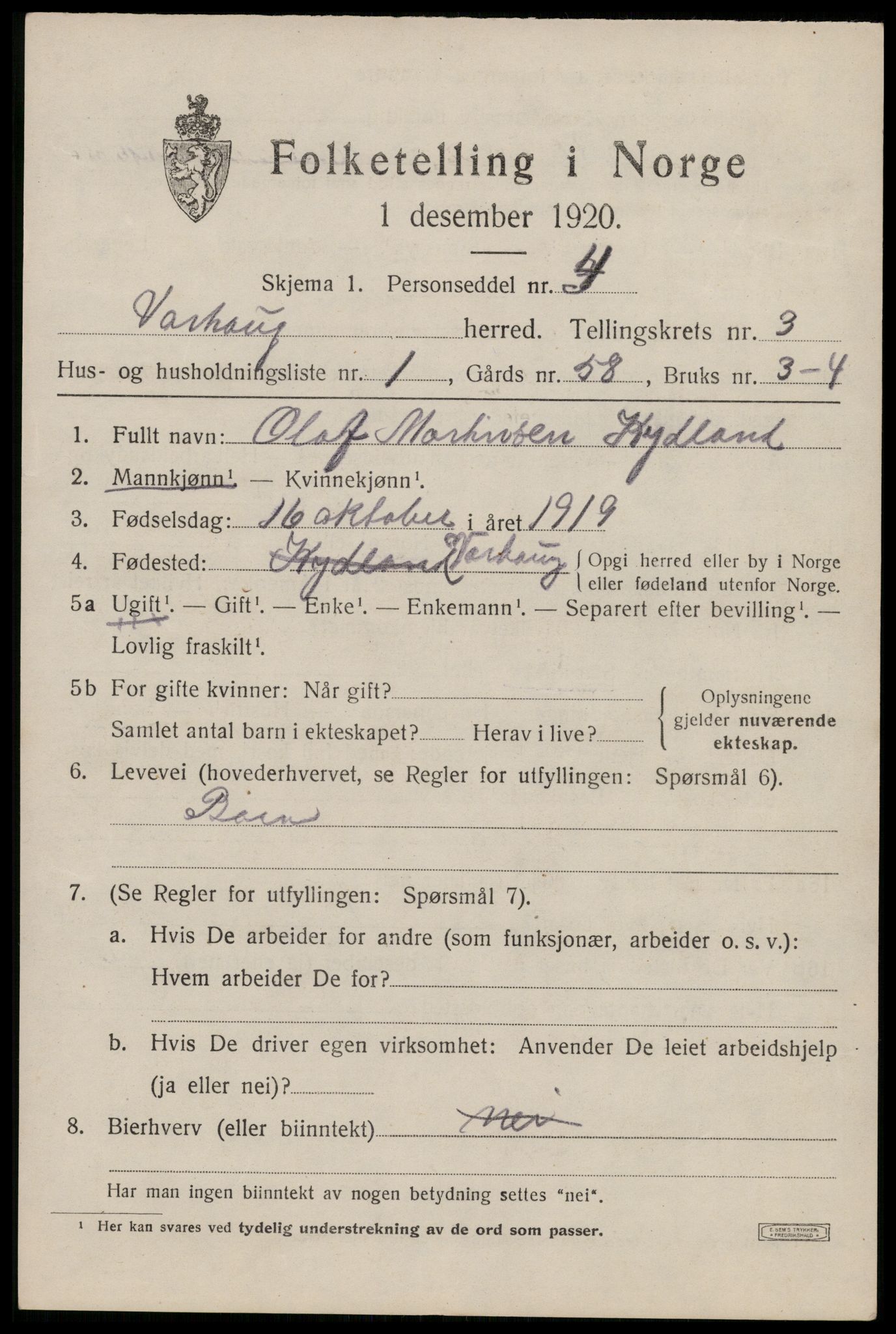 SAST, 1920 census for Varhaug, 1920, p. 2949